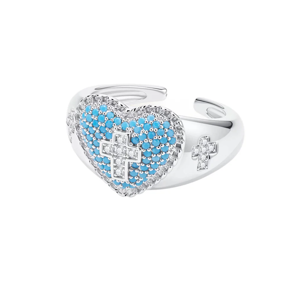 【DEAL TODAY】Blue Heart Cross Open Ring with Rhinestone Accents - Image 6
