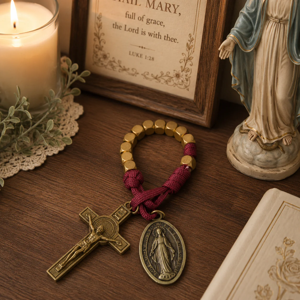 Burgundy Clip-On Pocket Decade Rosary with Crucifix and Our Lady Medal - Image 7