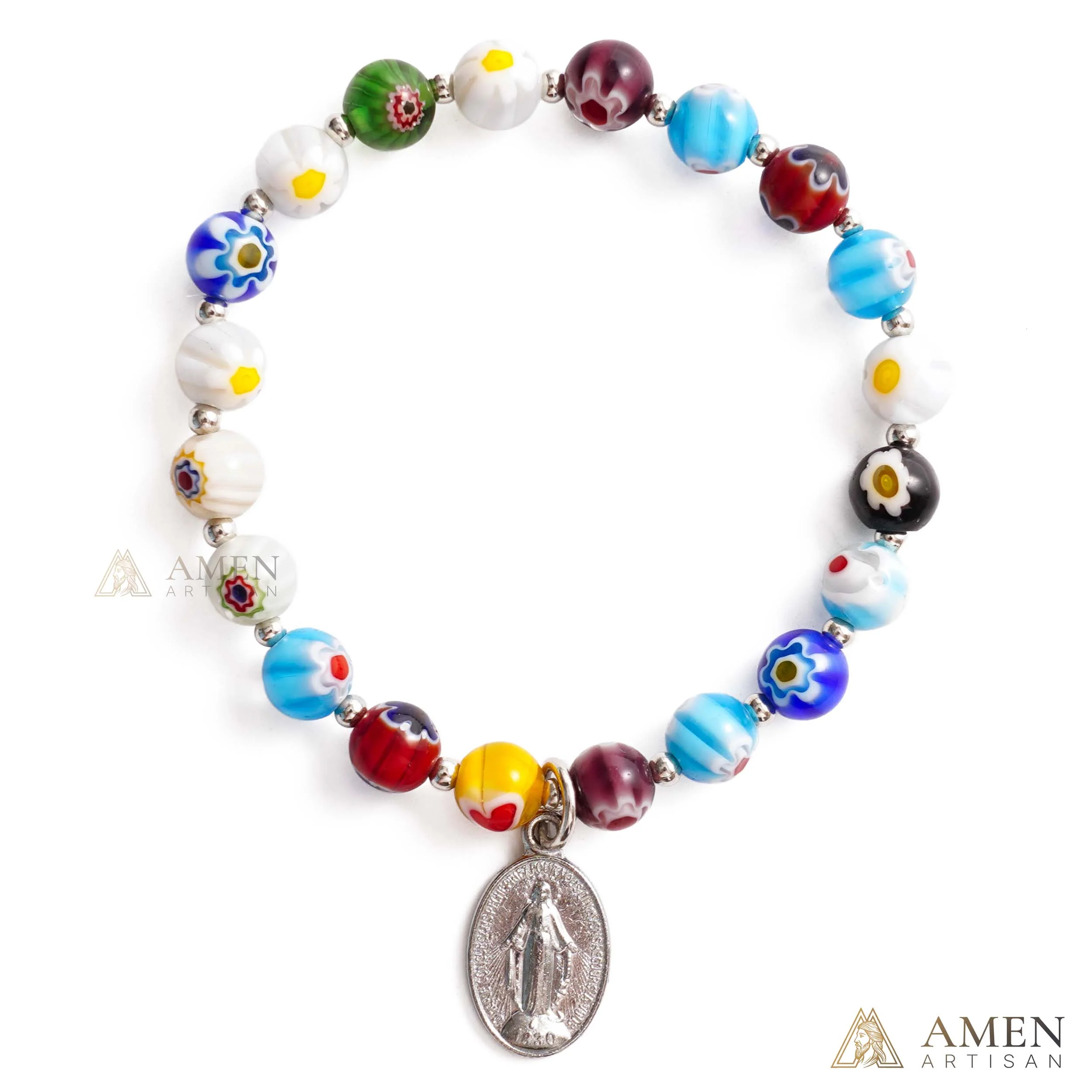 【DEAL TODAY】Colorful Catholic Bracelet with Patterned Glass Beads and Virgin Mary Medal