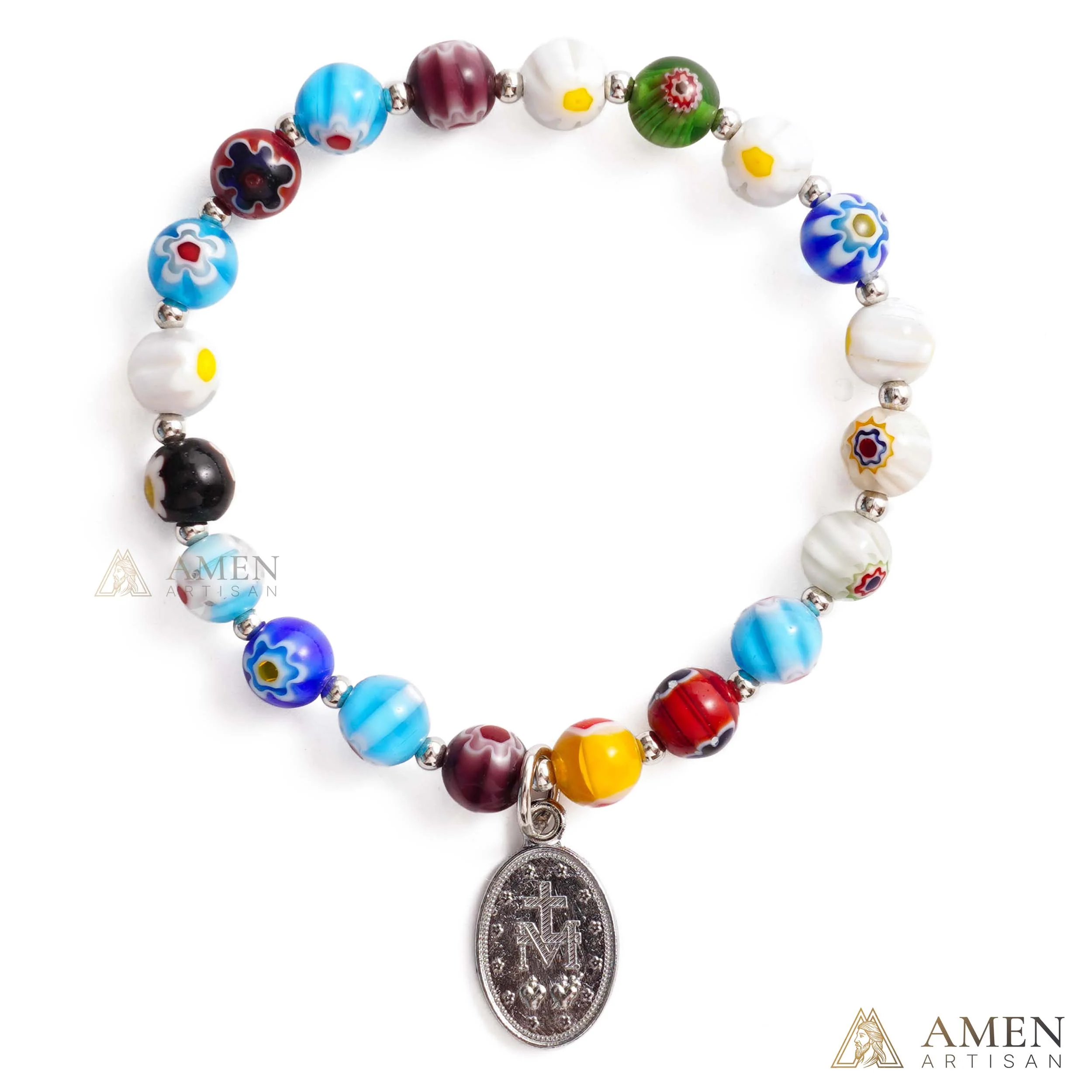 【DEAL TODAY】Colorful Catholic Bracelet with Patterned Glass Beads and Virgin Mary Medal - Image 2
