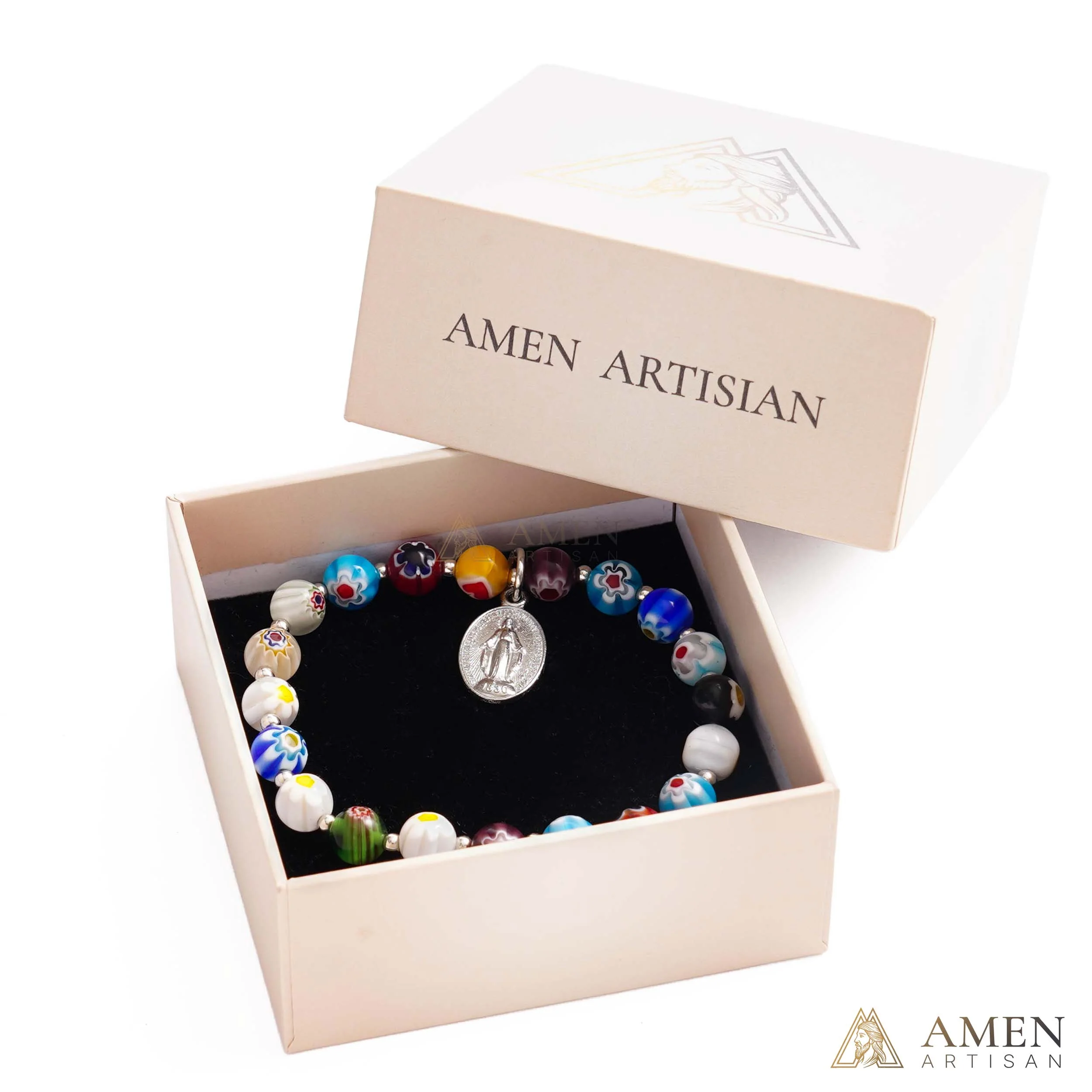 【DEAL TODAY】Colorful Catholic Bracelet with Patterned Glass Beads and Virgin Mary Medal - Image 3