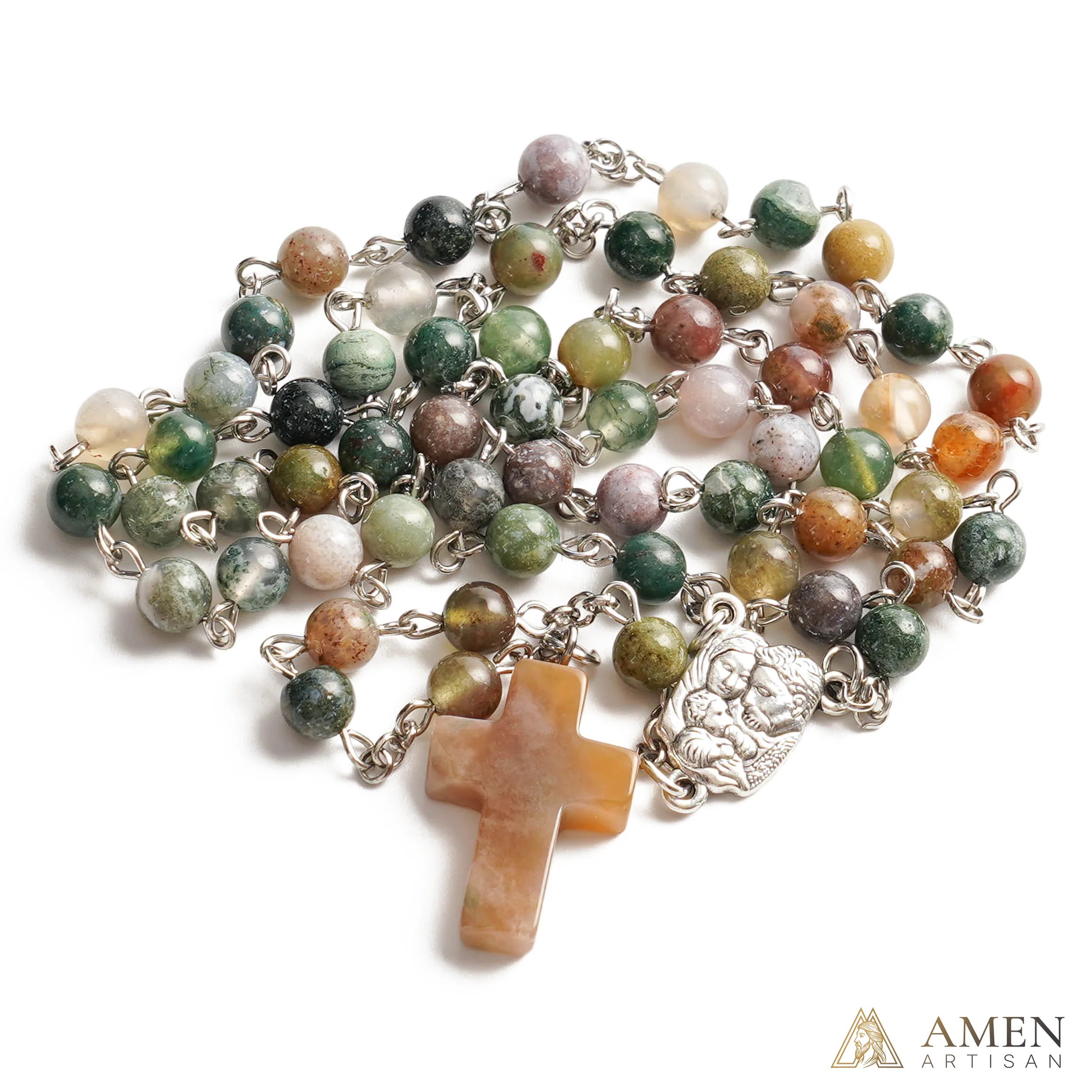 Indian Agate Holy Family Medal Rosary Amen Artisan - Image 2