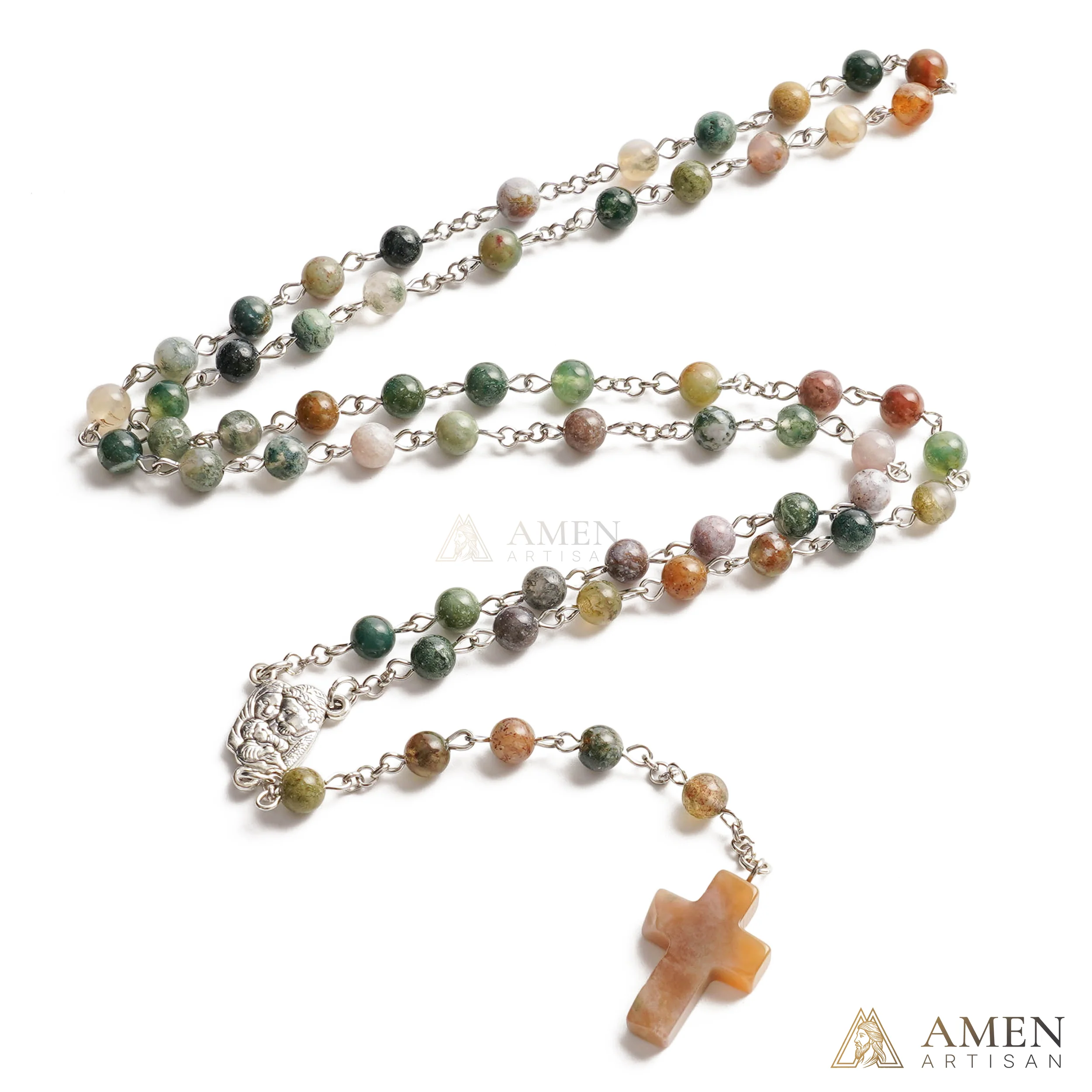 Indian Agate Holy Family Medal Rosary Amen Artisan - Image 3
