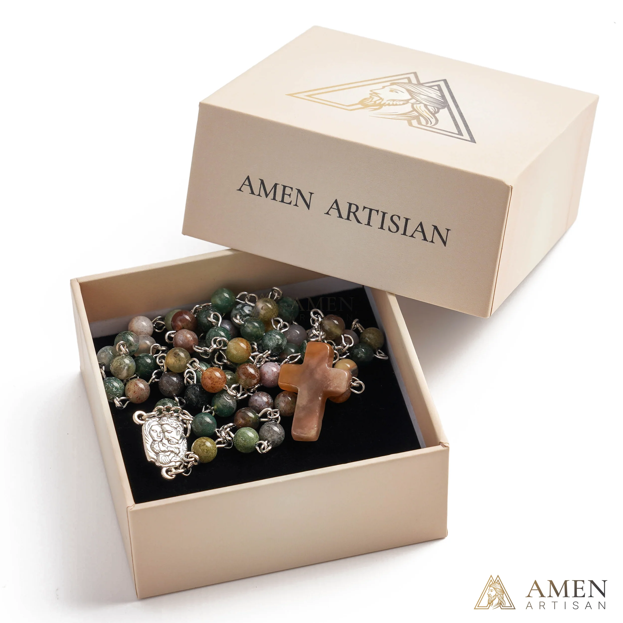 Indian Agate Holy Family Medal Rosary Amen Artisan - Image 5