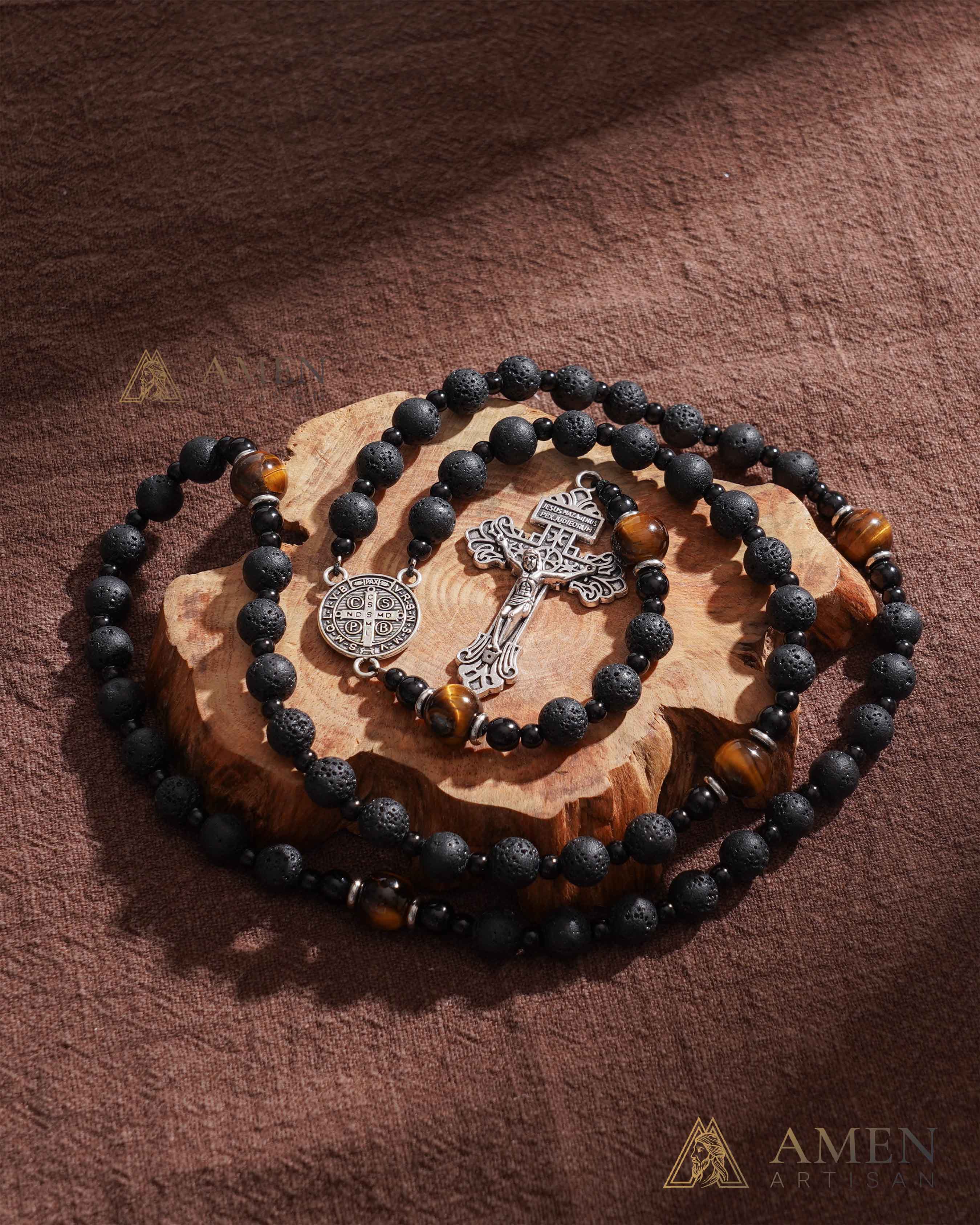 【Deal Today】Natural Lava Stone & Tiger’s Eye Prayer Beads with Vintage-Style Crucifix | Amen Artisan - Image 11
