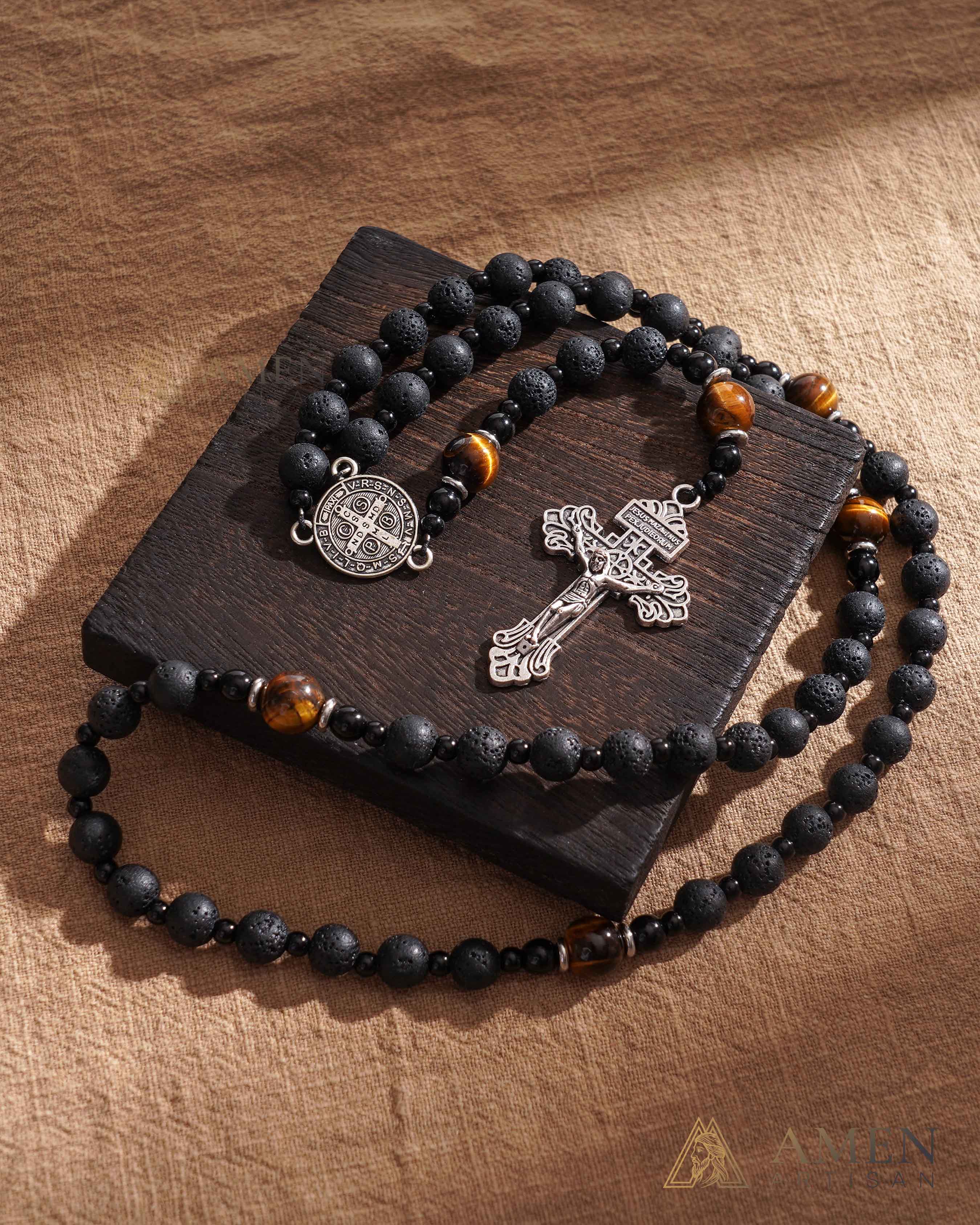【Deal Today】Natural Lava Stone & Tiger’s Eye Prayer Beads with Vintage-Style Crucifix | Amen Artisan - Image 12