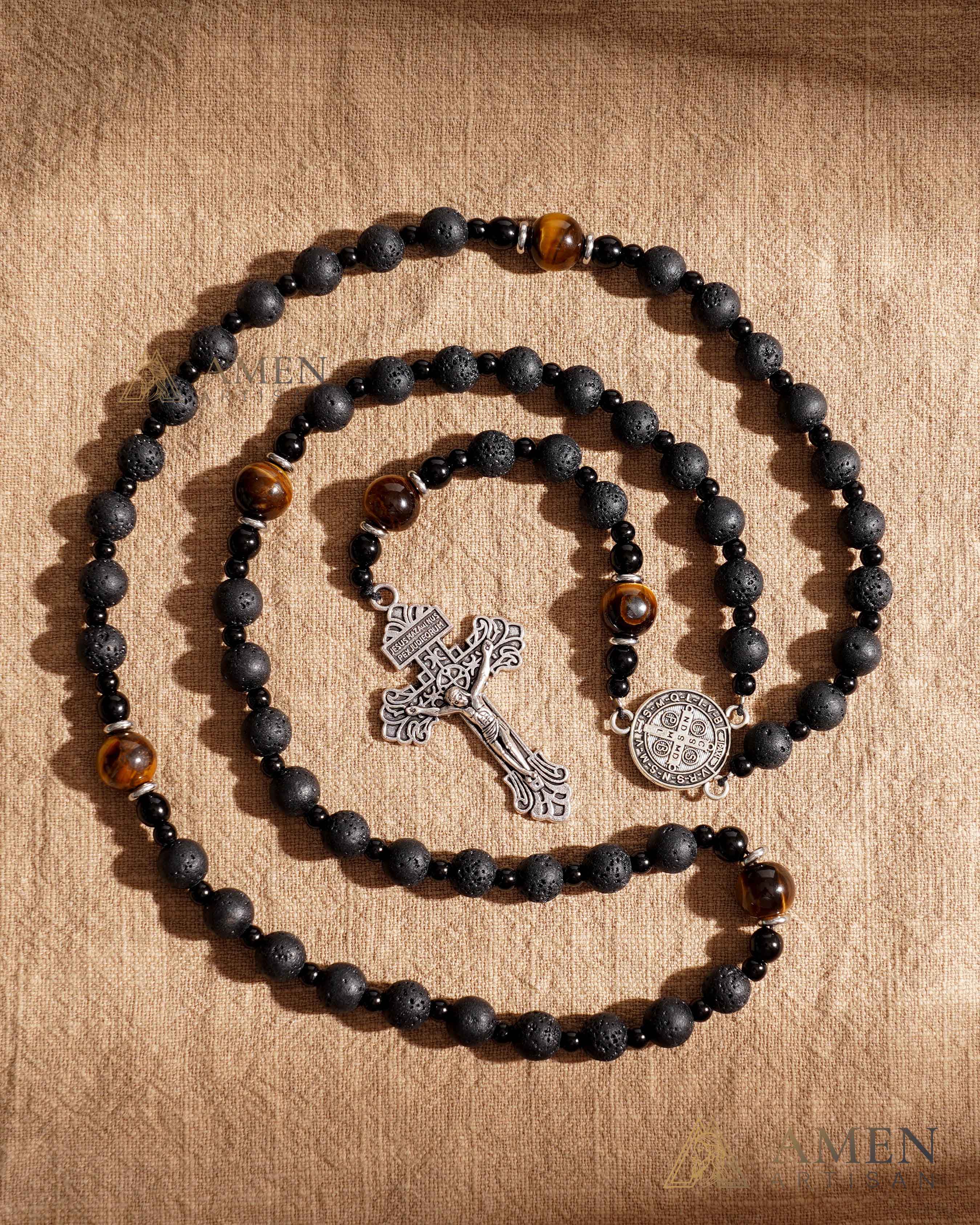 【Deal Today】Natural Lava Stone & Tiger’s Eye Prayer Beads with Vintage-Style Crucifix | Amen Artisan - Image 13