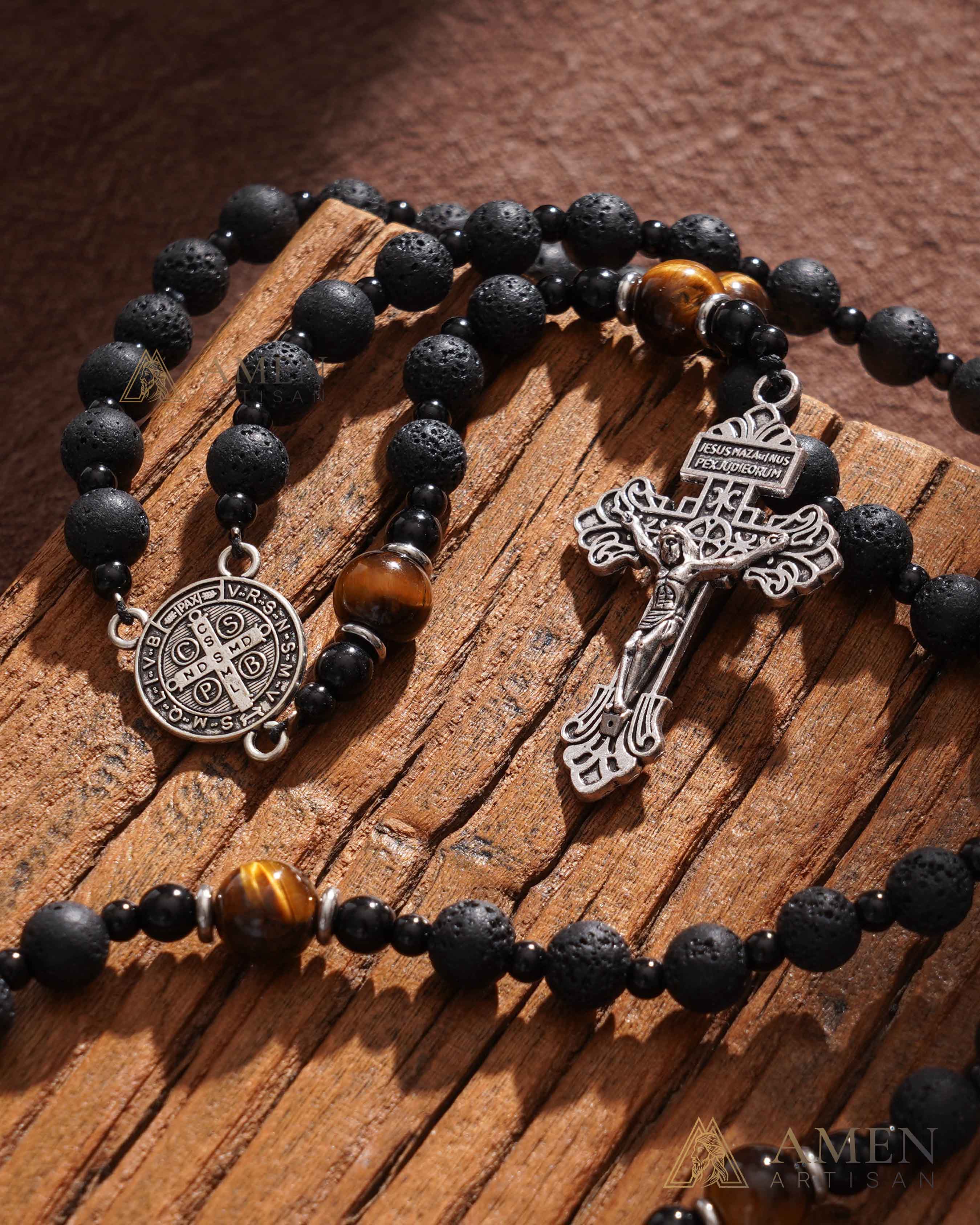【Deal Today】Natural Lava Stone & Tiger’s Eye Prayer Beads with Vintage-Style Crucifix | Amen Artisan - Image 14