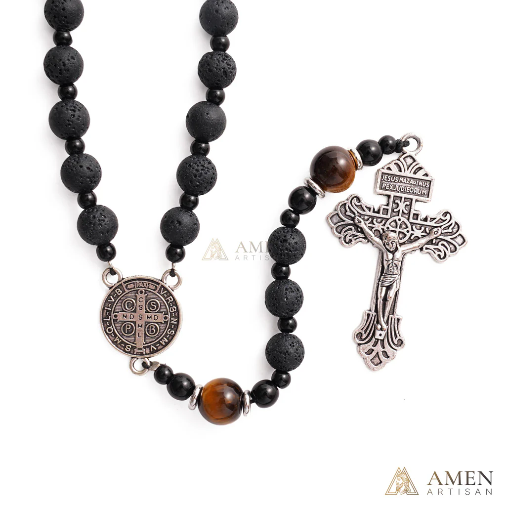 【Deal Today】Natural Lava Stone & Tiger’s Eye Prayer Beads with Vintage-Style Crucifix | Amen Artisan - Image 3
