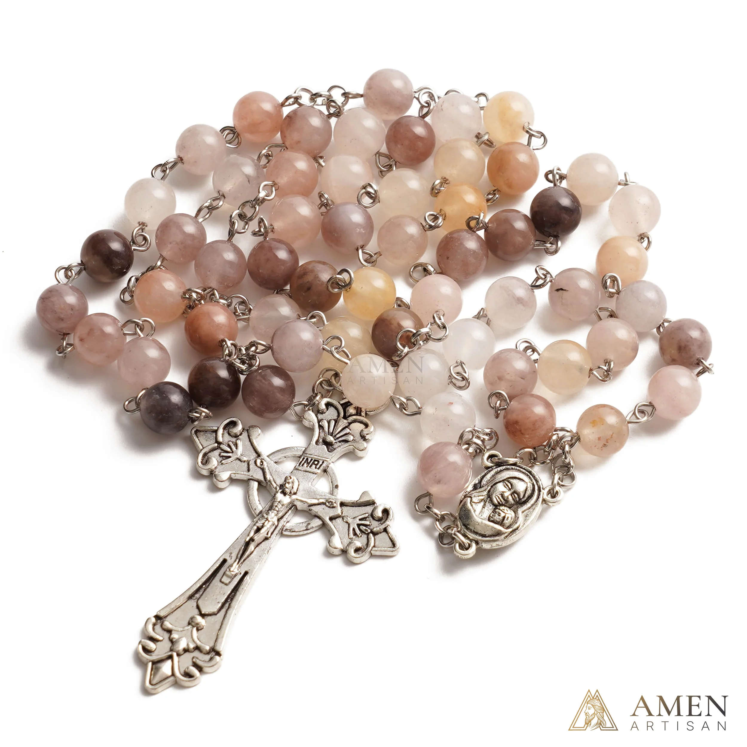 Purple Golden Silk Jade Madonna and Child Medal Rosary Amen Artisan - Image 2