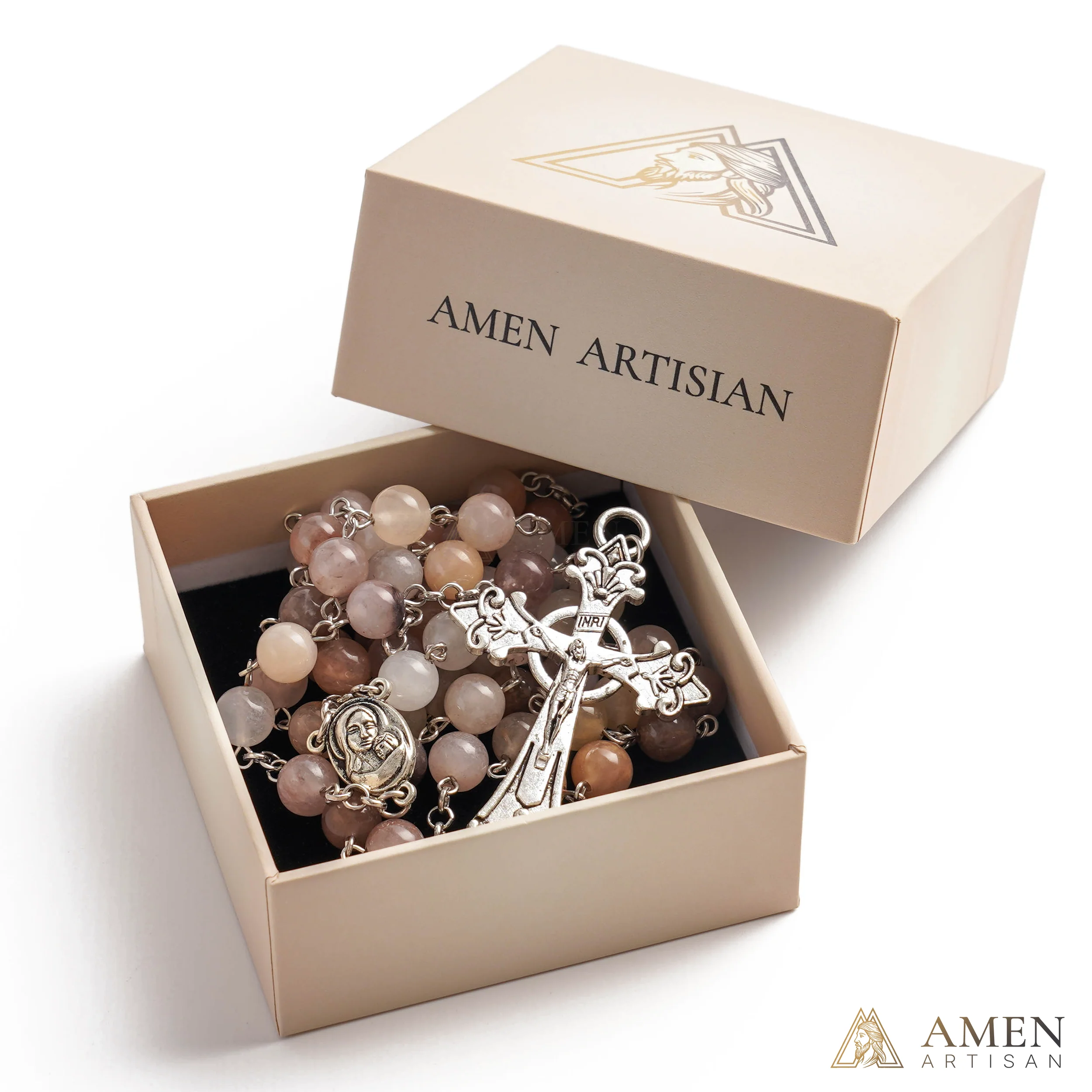 Purple Golden Silk Jade Madonna and Child Medal Rosary Amen Artisan - Image 5