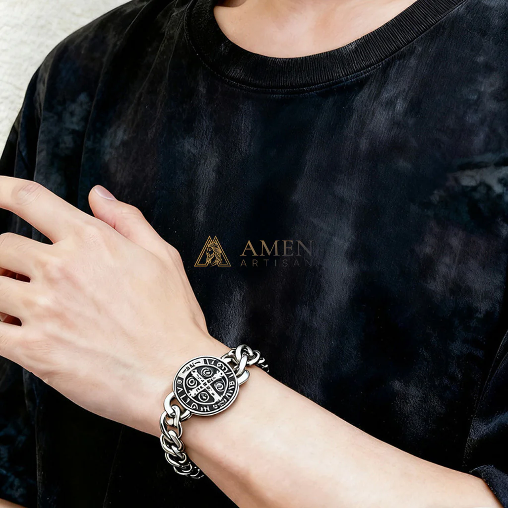 Saint Benedict Cross Cuban Link Bracelet - Protection, Strength & Faith | Amen Artisan - Image 3