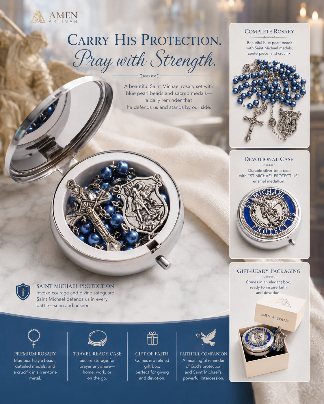 St. Michael Rosary with Blue Enamel Storage Box - Faith & Strength| Amen Artisan - Image 9