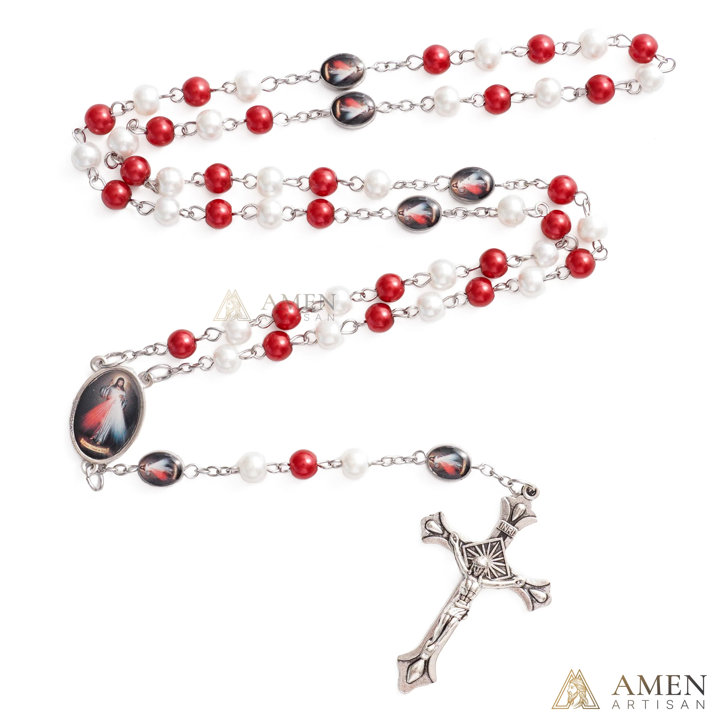 Divine Mercy Red & White Rosary with Crucifix - Faith & Protection | Amen Artisan - Image 2