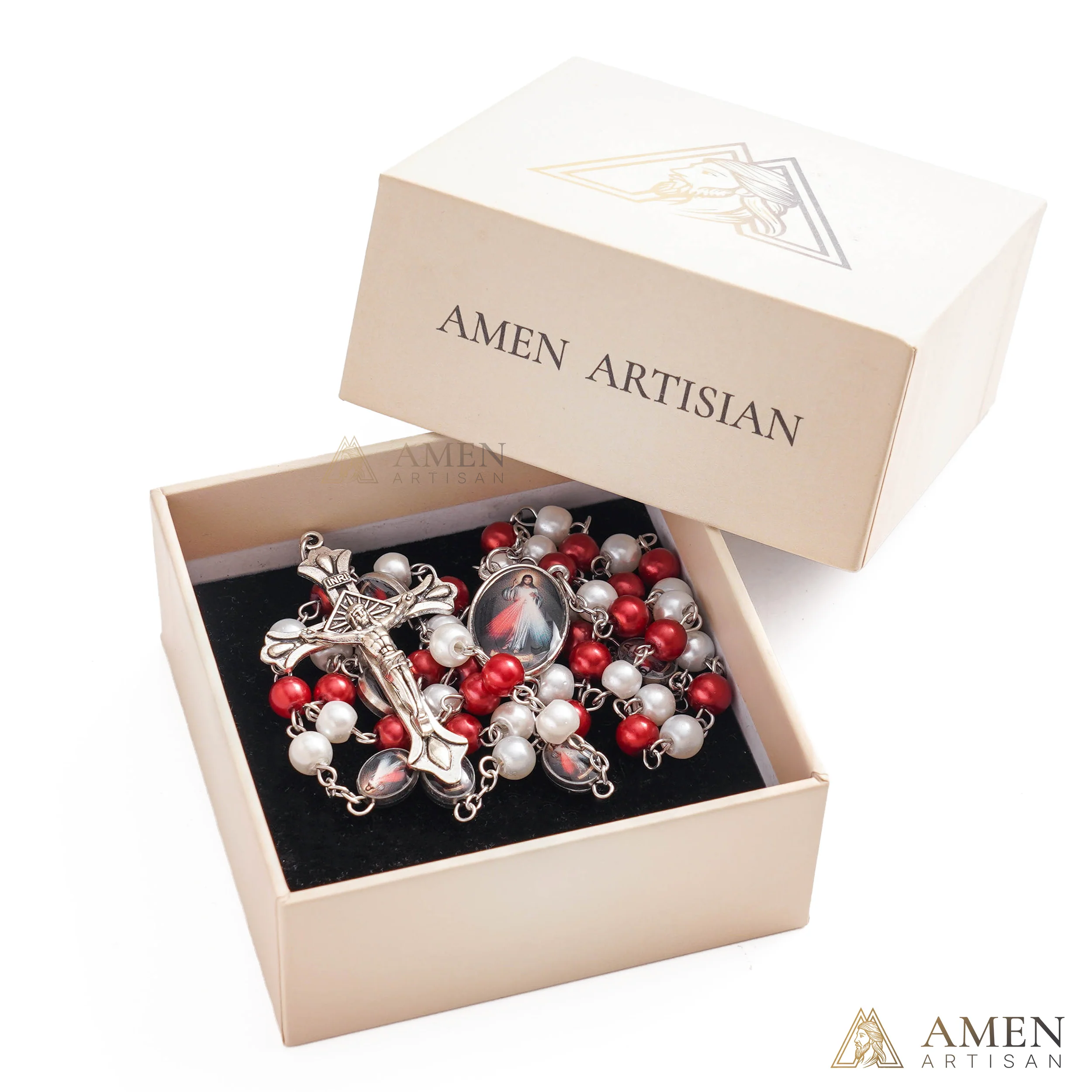 Divine Mercy Red & White Rosary with Crucifix - Faith & Protection | Amen Artisan - Image 4