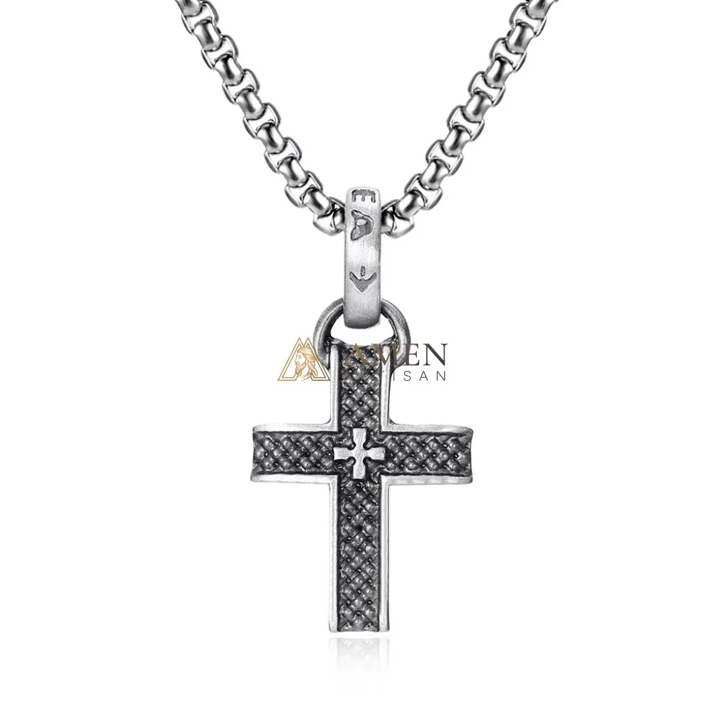 Double Layer Textured Cross Pendant Necklace Amen Artisan - Image 3