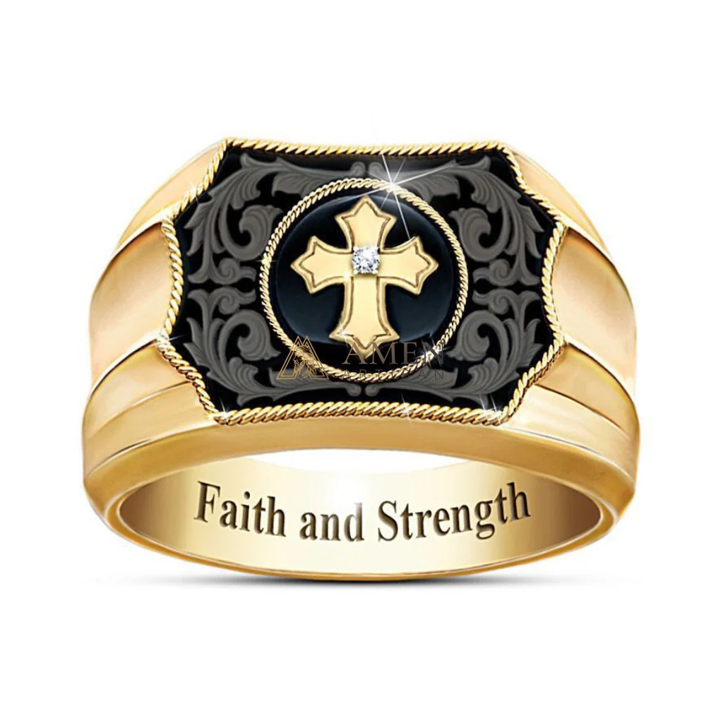 Enamel and Diamond-Encrusted Cross Ring Amen Artisan