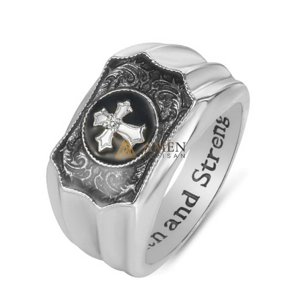 Enamel and Diamond-Encrusted Cross Ring Amen Artisan - Image 2