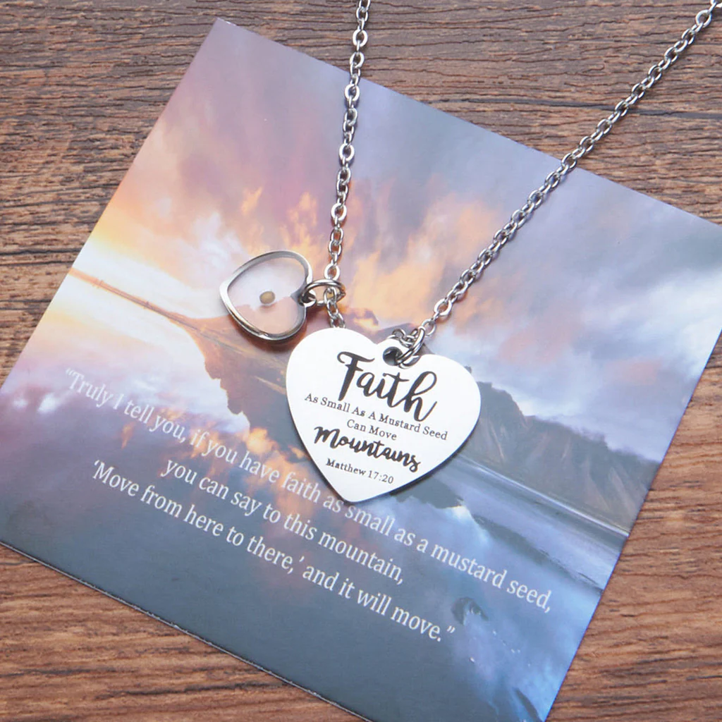 Faith Mustard Seed Heart Necklace with Matthew 17:20 Message - Image 4