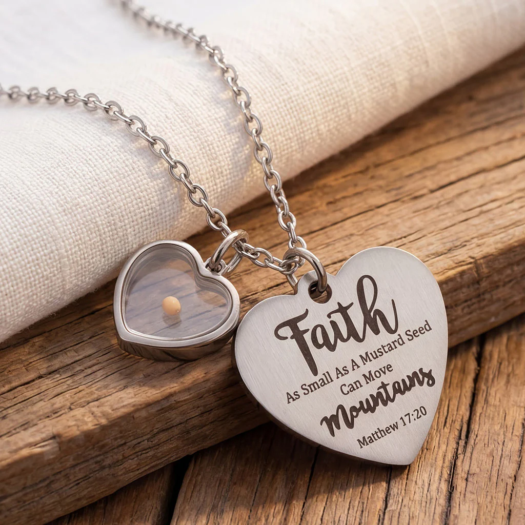 Faith Mustard Seed Heart Necklace with Matthew 17:20 Message - Image 7