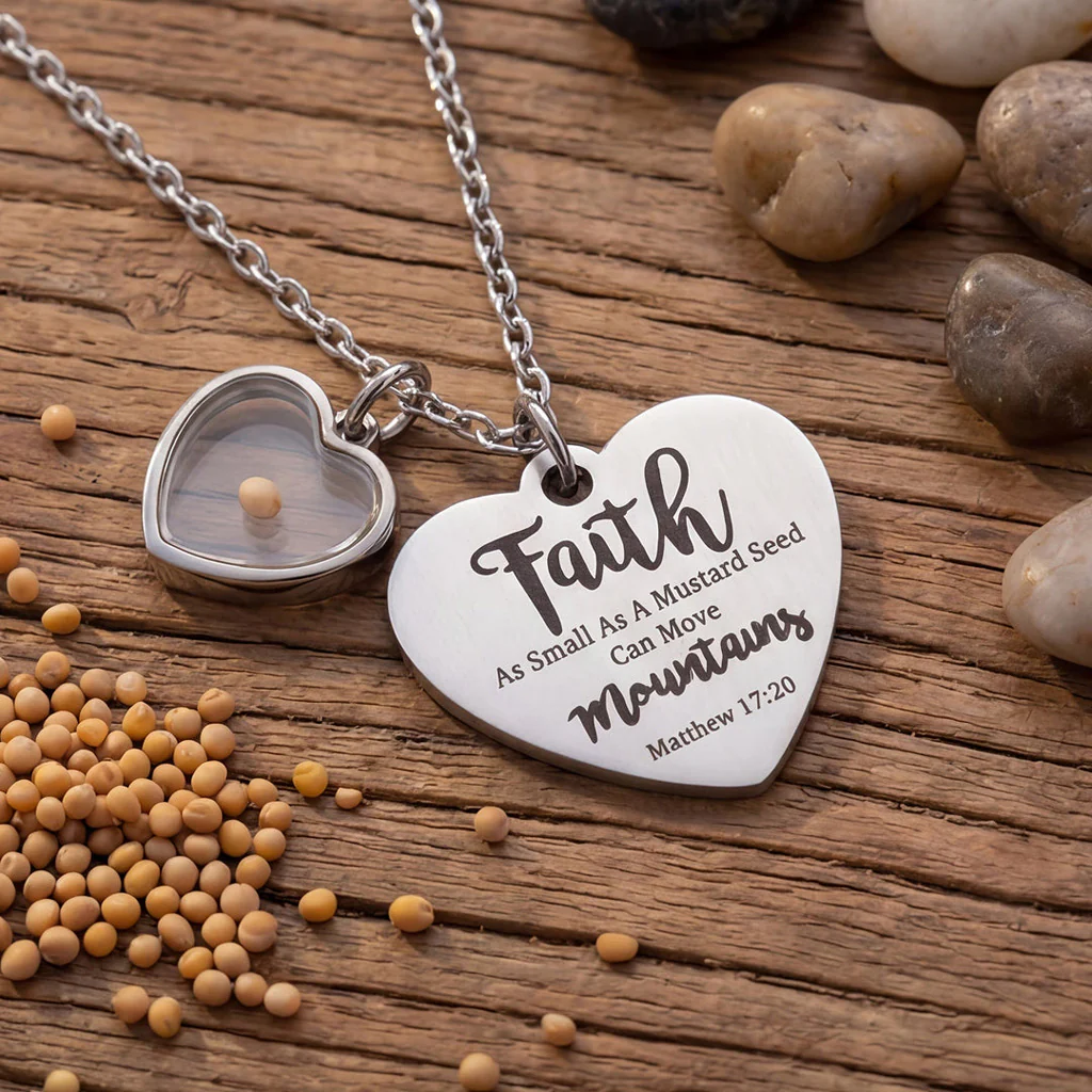 Faith Mustard Seed Heart Necklace with Matthew 17:20 Message - Image 8