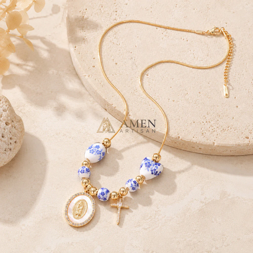 Floral Ceramic and Zircon Virgin Mary Cross Necklace Amen Artisan - Image 10