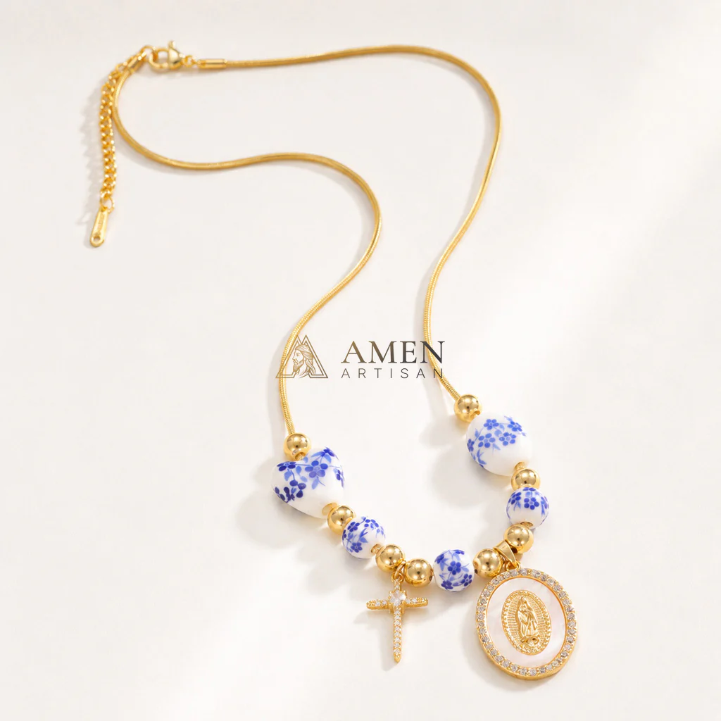 Floral Ceramic and Zircon Virgin Mary Cross Necklace Amen Artisan - Image 11