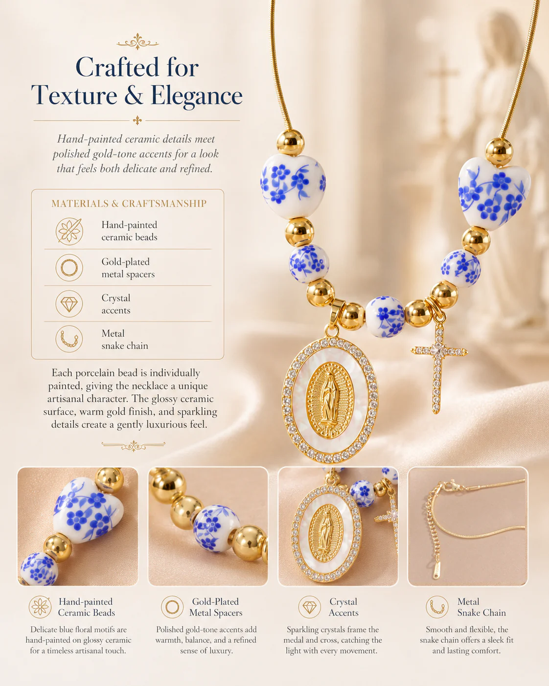Floral Ceramic and Zircon Virgin Mary Cross Necklace Amen Artisan - Image 12