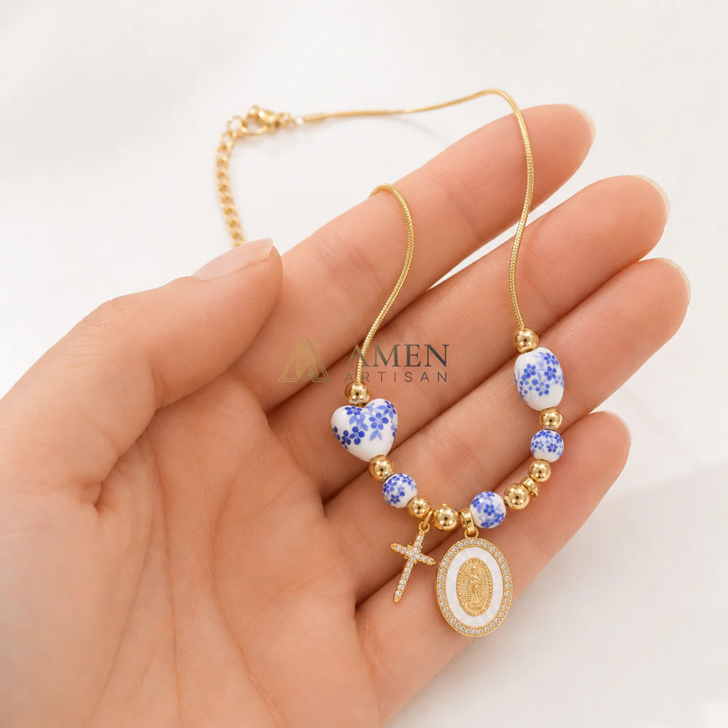 Floral Ceramic and Zircon Virgin Mary Cross Necklace Amen Artisan - Image 3