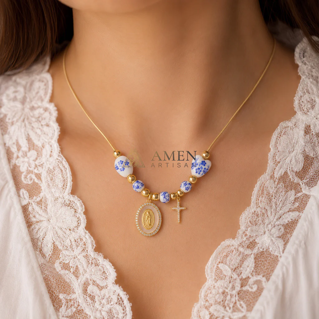 Floral Ceramic and Zircon Virgin Mary Cross Necklace Amen Artisan - Image 4