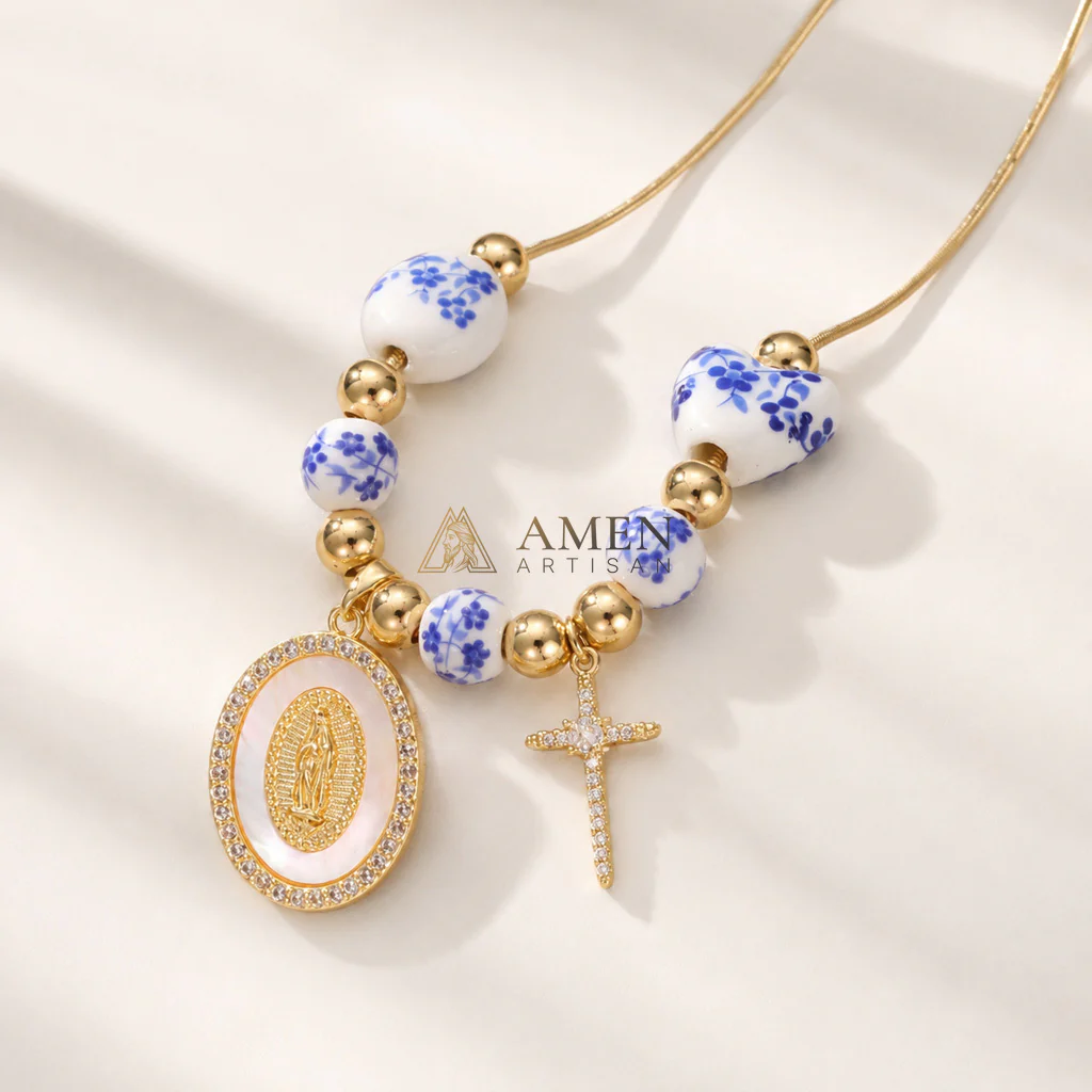 Floral Ceramic and Zircon Virgin Mary Cross Necklace Amen Artisan - Image 5