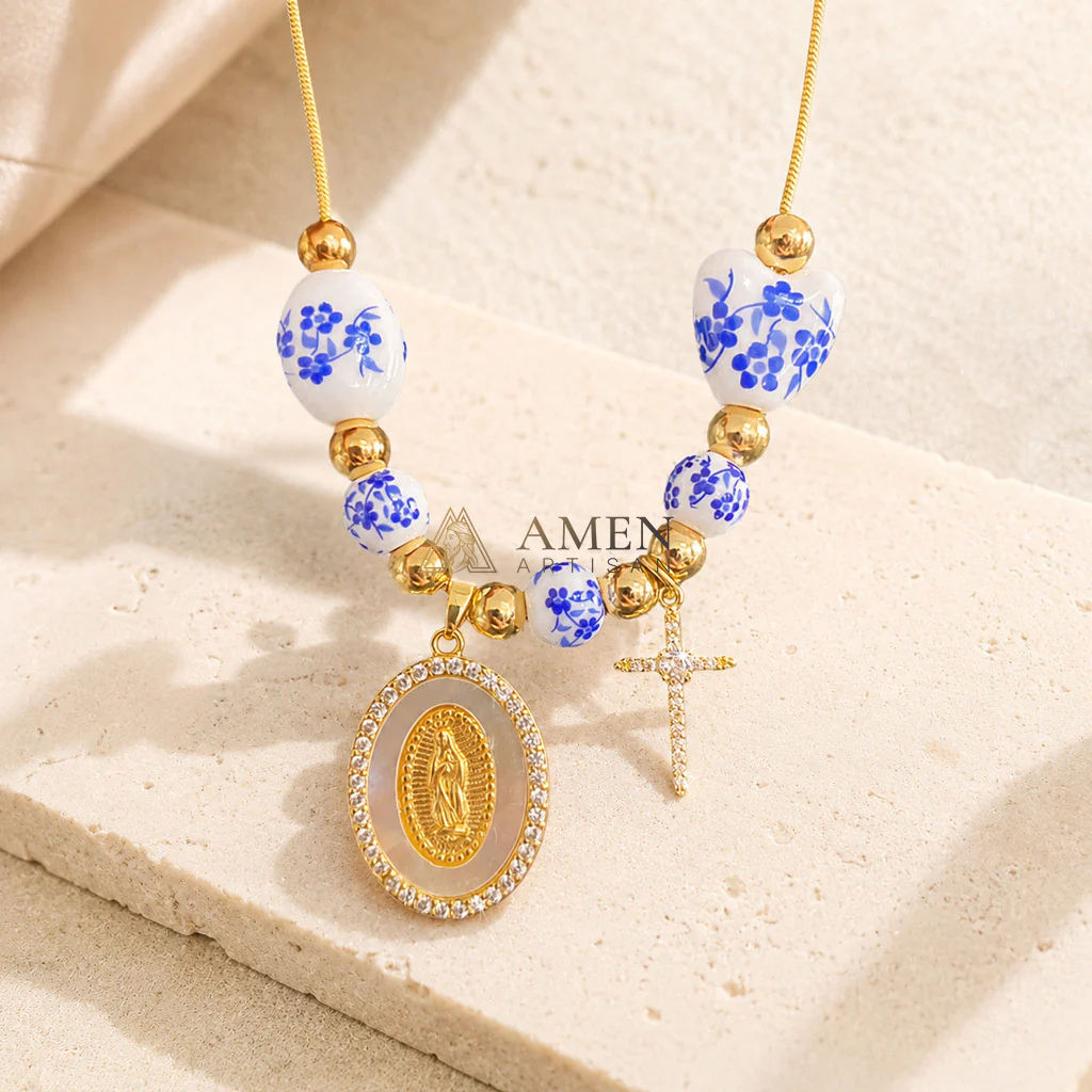 Floral Ceramic and Zircon Virgin Mary Cross Necklace Amen Artisan - Image 6