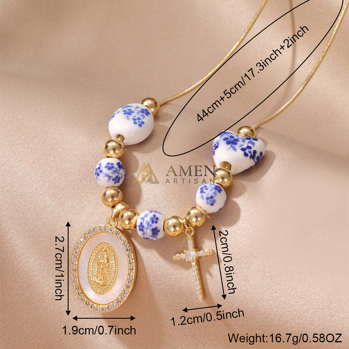 Floral Ceramic and Zircon Virgin Mary Cross Necklace Amen Artisan - Image 7