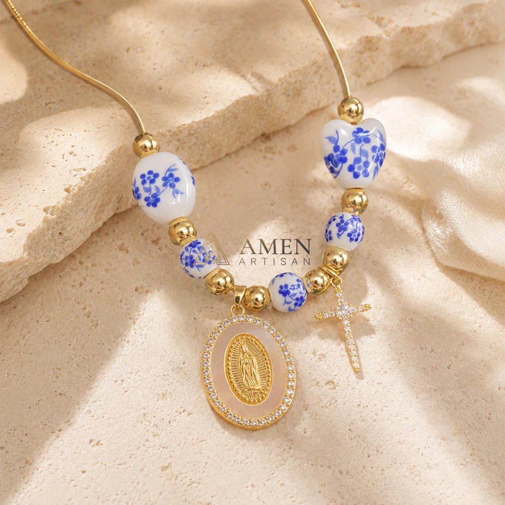 Floral Ceramic and Zircon Virgin Mary Cross Necklace Amen Artisan - Image 8