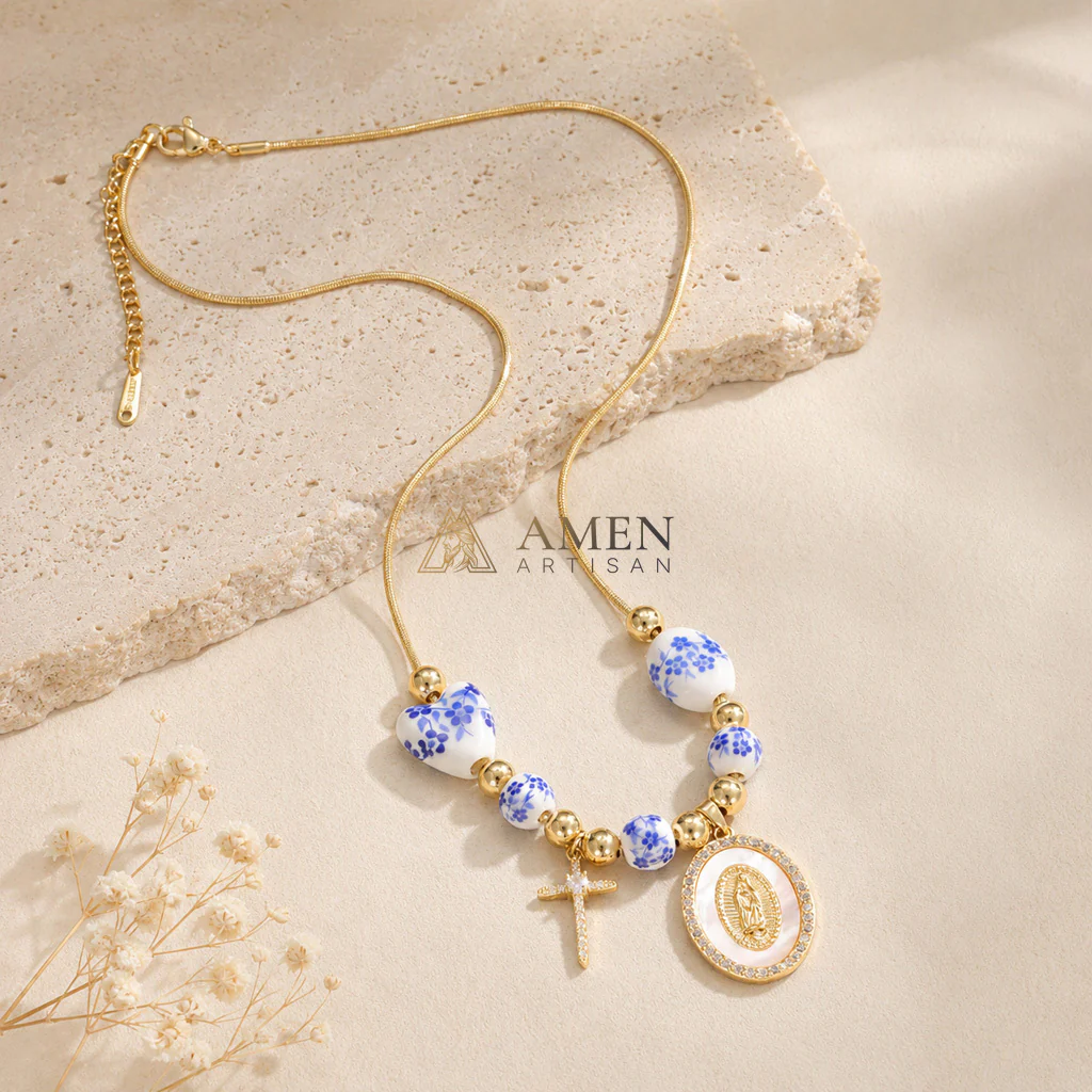 Floral Ceramic and Zircon Virgin Mary Cross Necklace Amen Artisan - Image 9