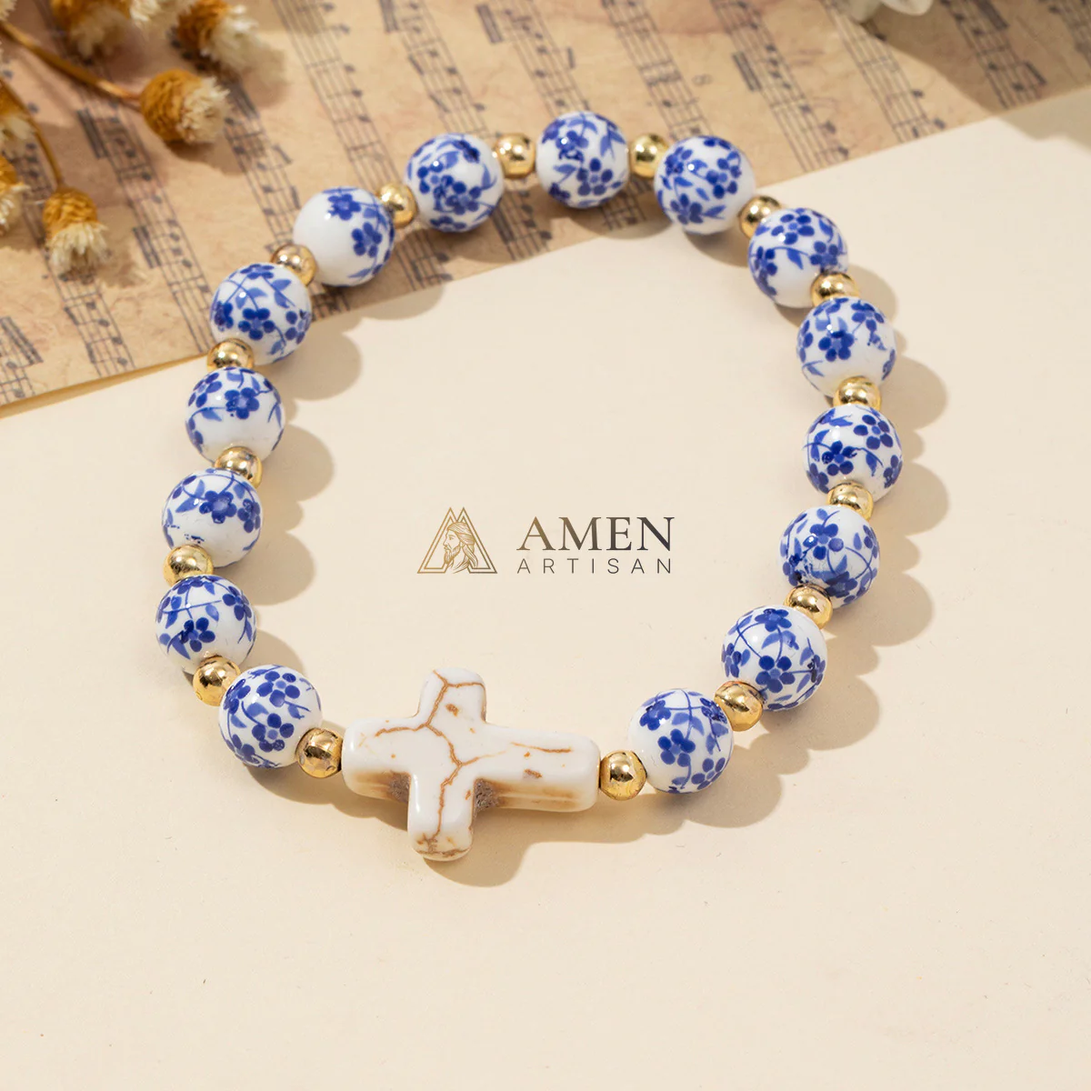 Floral Ceramic White Turquoise Cross Stretch Bracelet Amen Artisan - Image 2