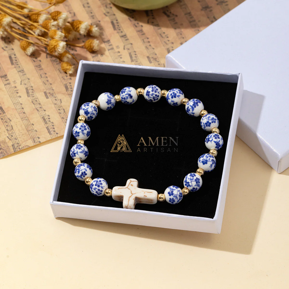 Floral Ceramic White Turquoise Cross Stretch Bracelet Amen Artisan - Image 3
