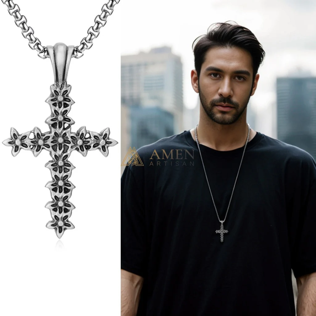 Floral Cross Pendant Necklace Amen Artisan - Image 2