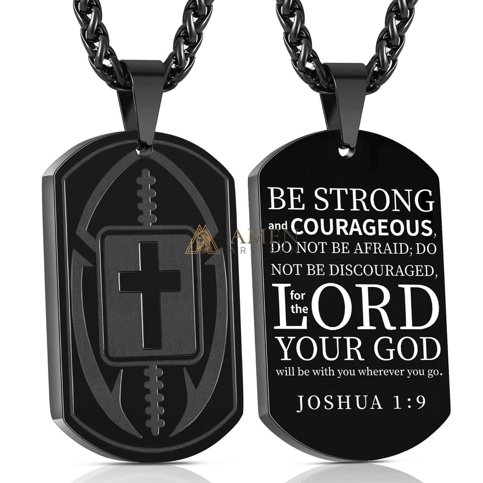 Football Cross Dog Tag Necklace Amen Artisan