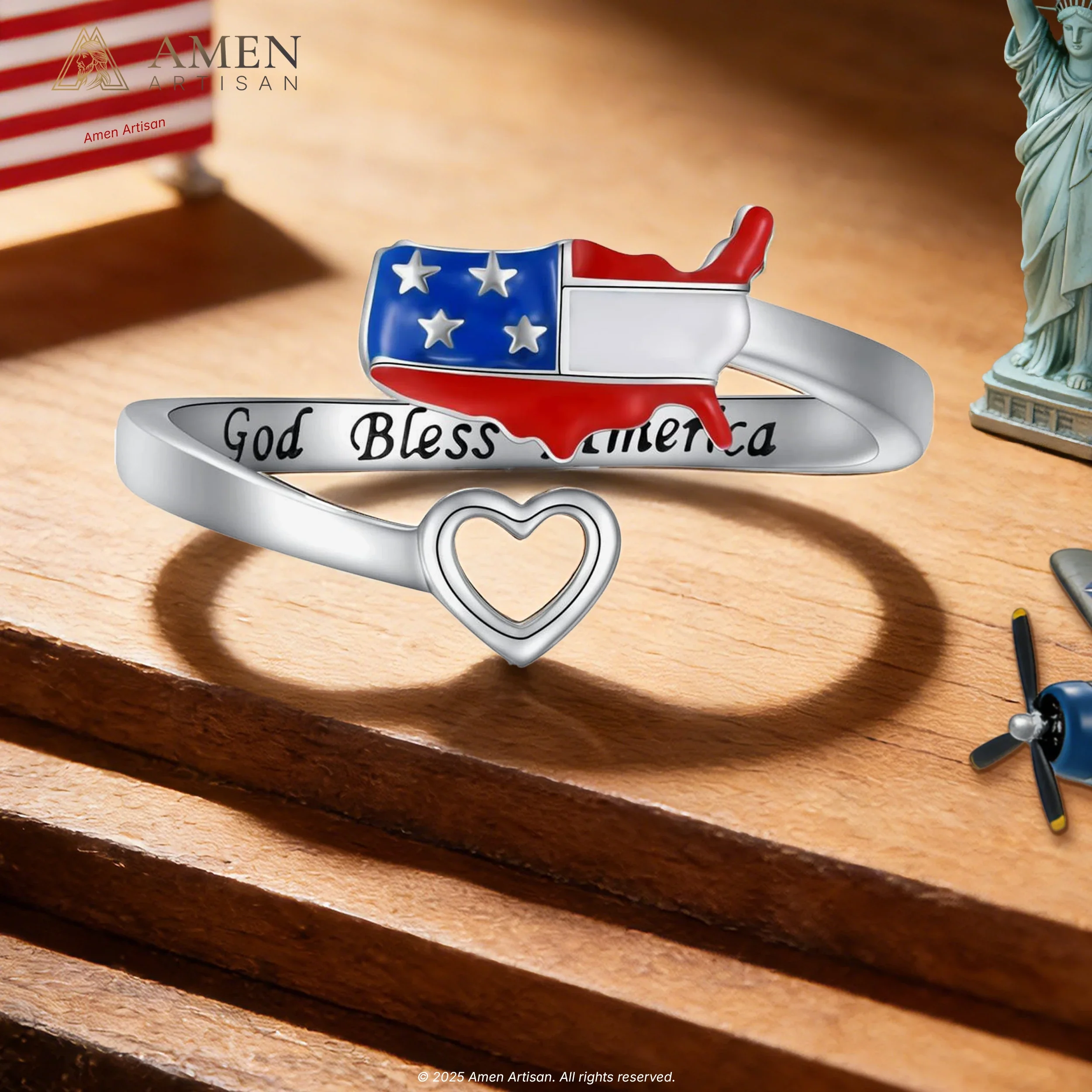 God Bless America American Flag Adjustable Ring Amen Artisan