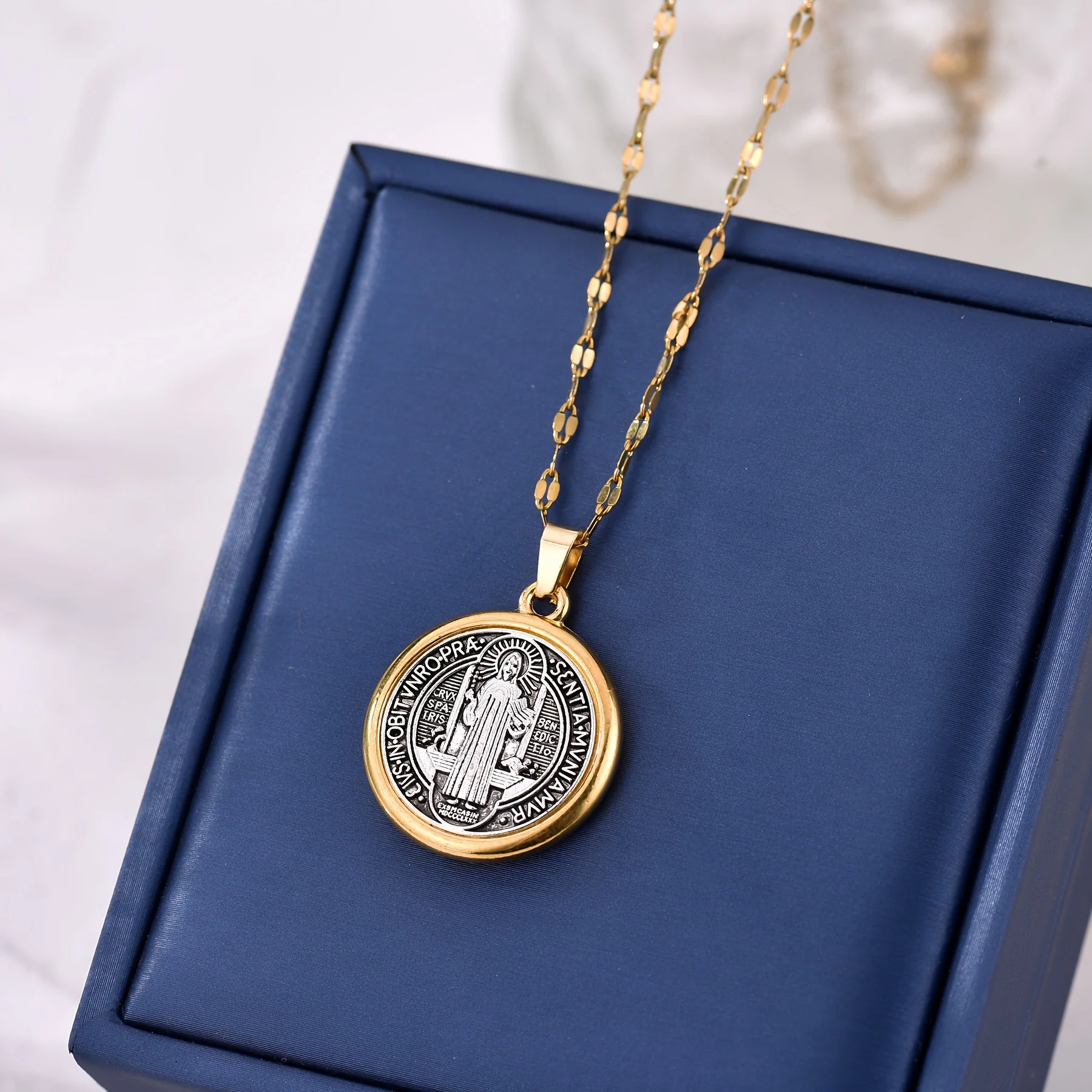Gold Trim Saint Benedict Medal Necklace - Image 3