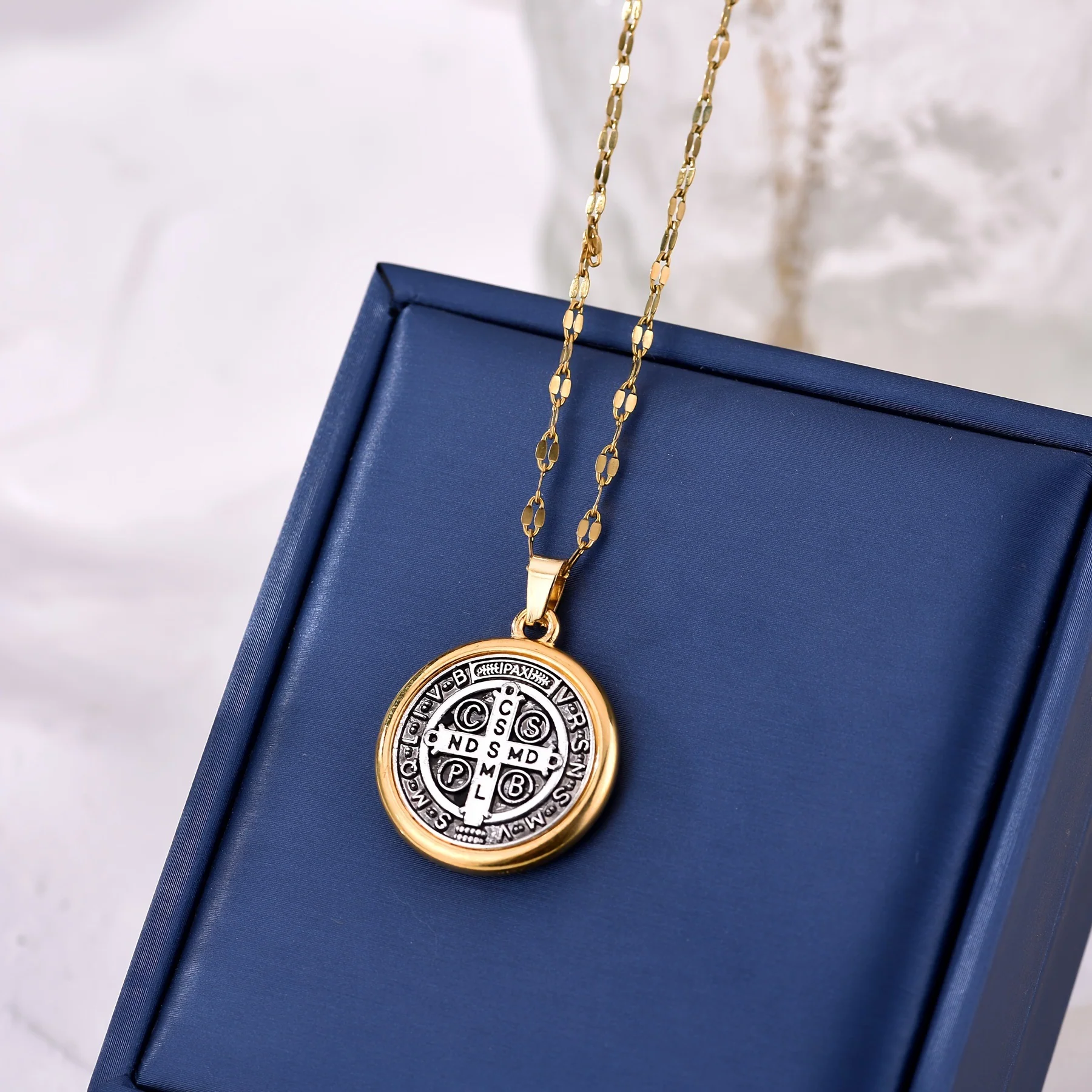 Gold Trim Saint Benedict Medal Necklace - Image 4