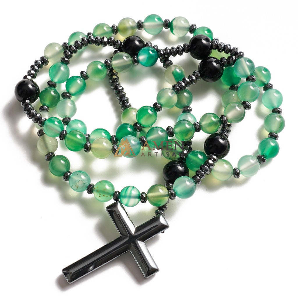 Green Agate Rosary with Cross Amen Artisan - Image 2