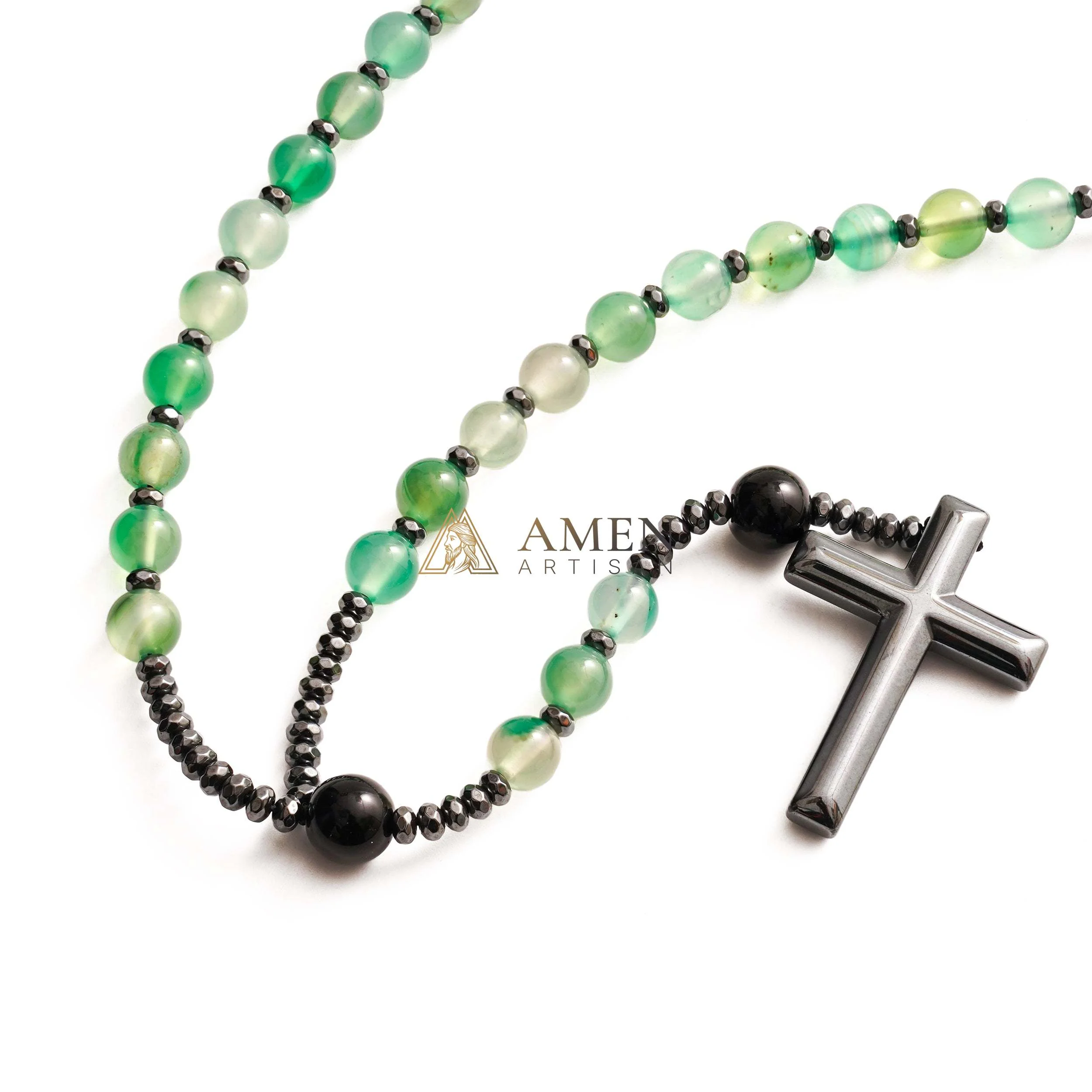 Green Agate Rosary with Cross Amen Artisan - Image 4