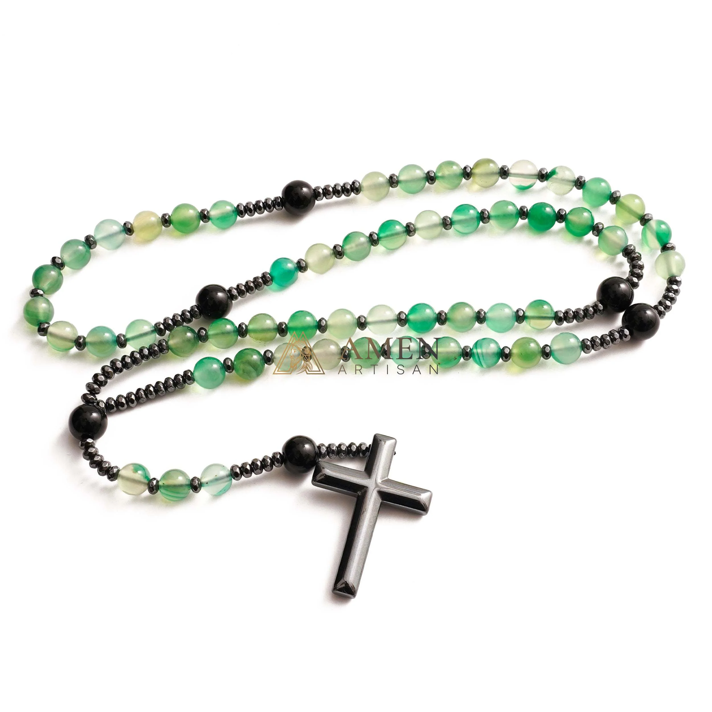 Green Agate Rosary with Cross Amen Artisan - Image 6