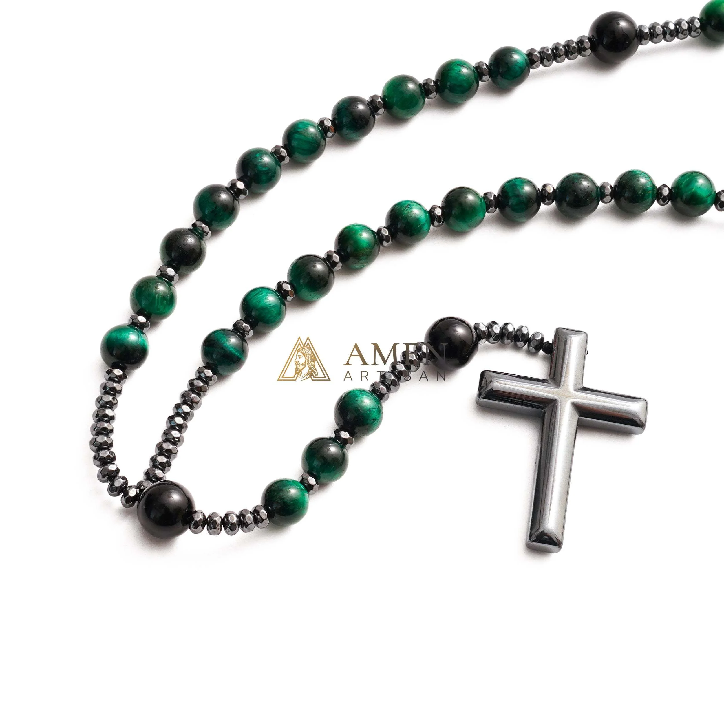Green Tiger Eye Cross Rosary Amen Artisan - Image 3