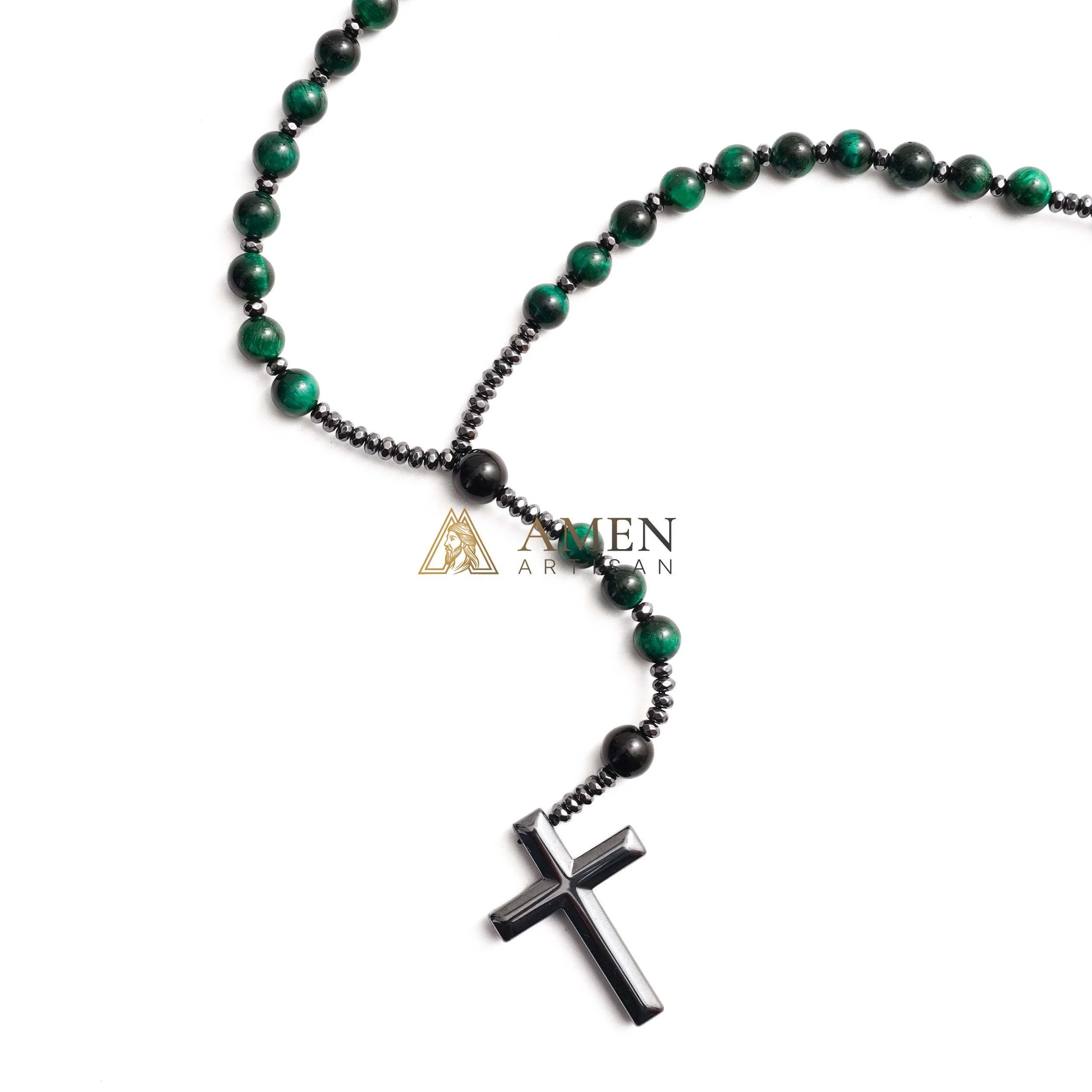 Green Tiger Eye Cross Rosary Amen Artisan - Image 4