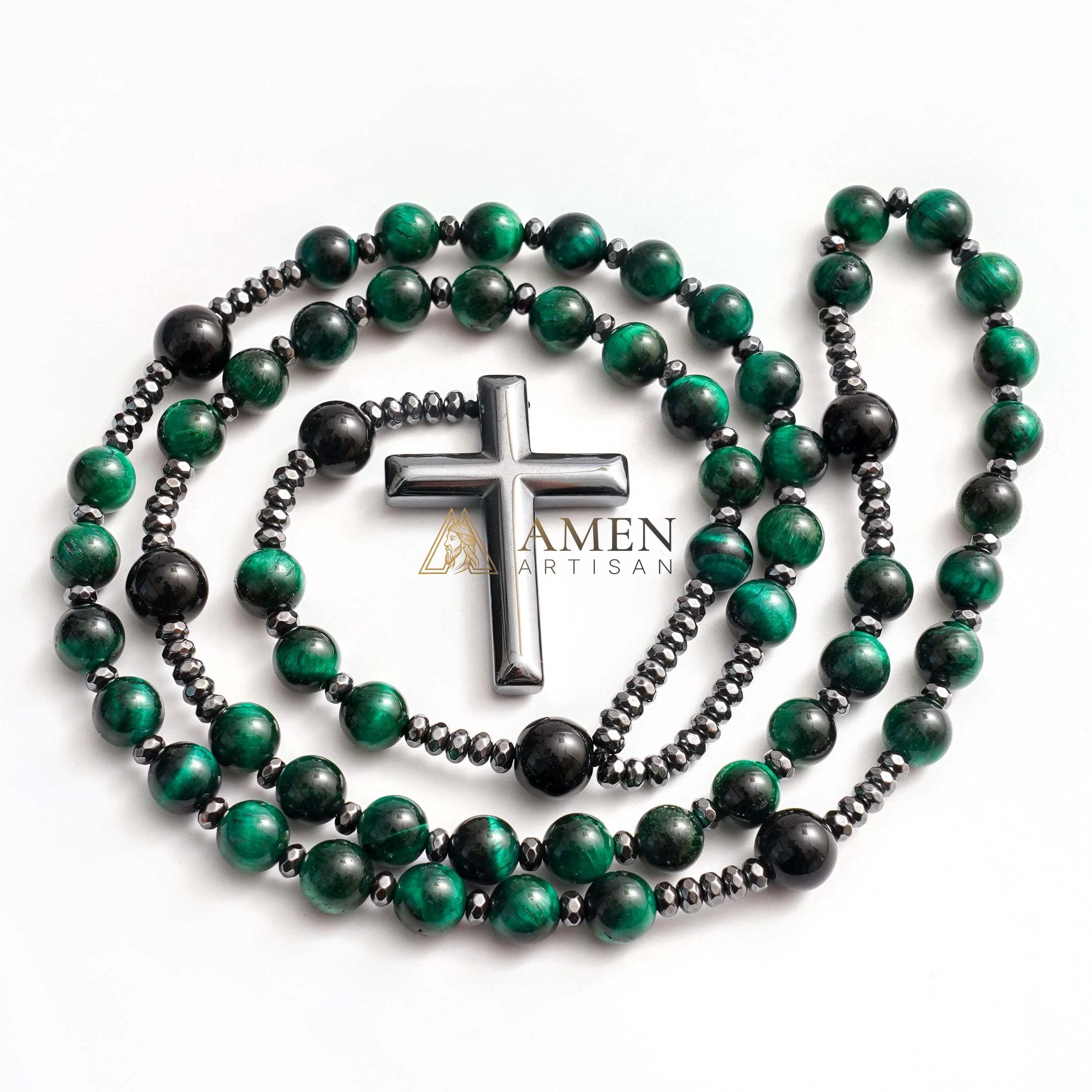 Green Tiger Eye Cross Rosary Amen Artisan - Image 6