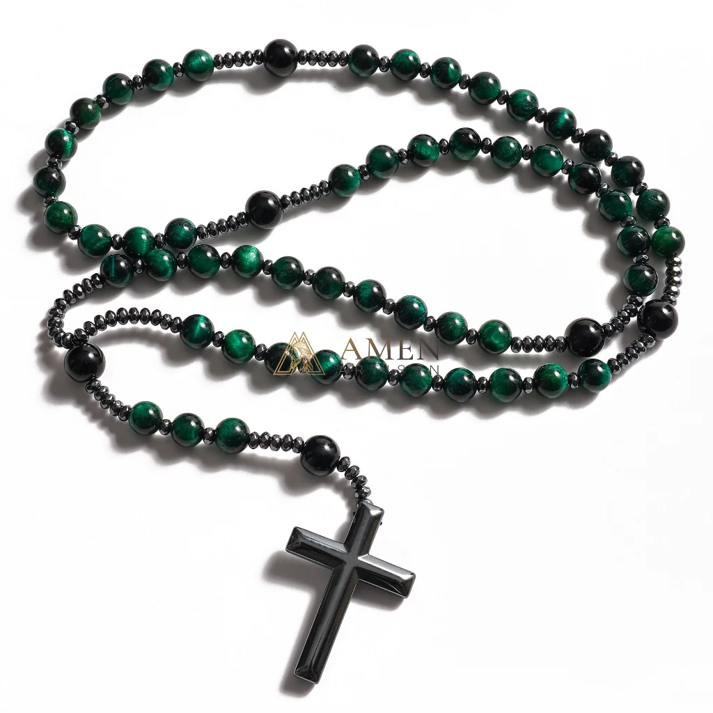 Green Tiger Eye Cross Rosary Amen Artisan - Image 7