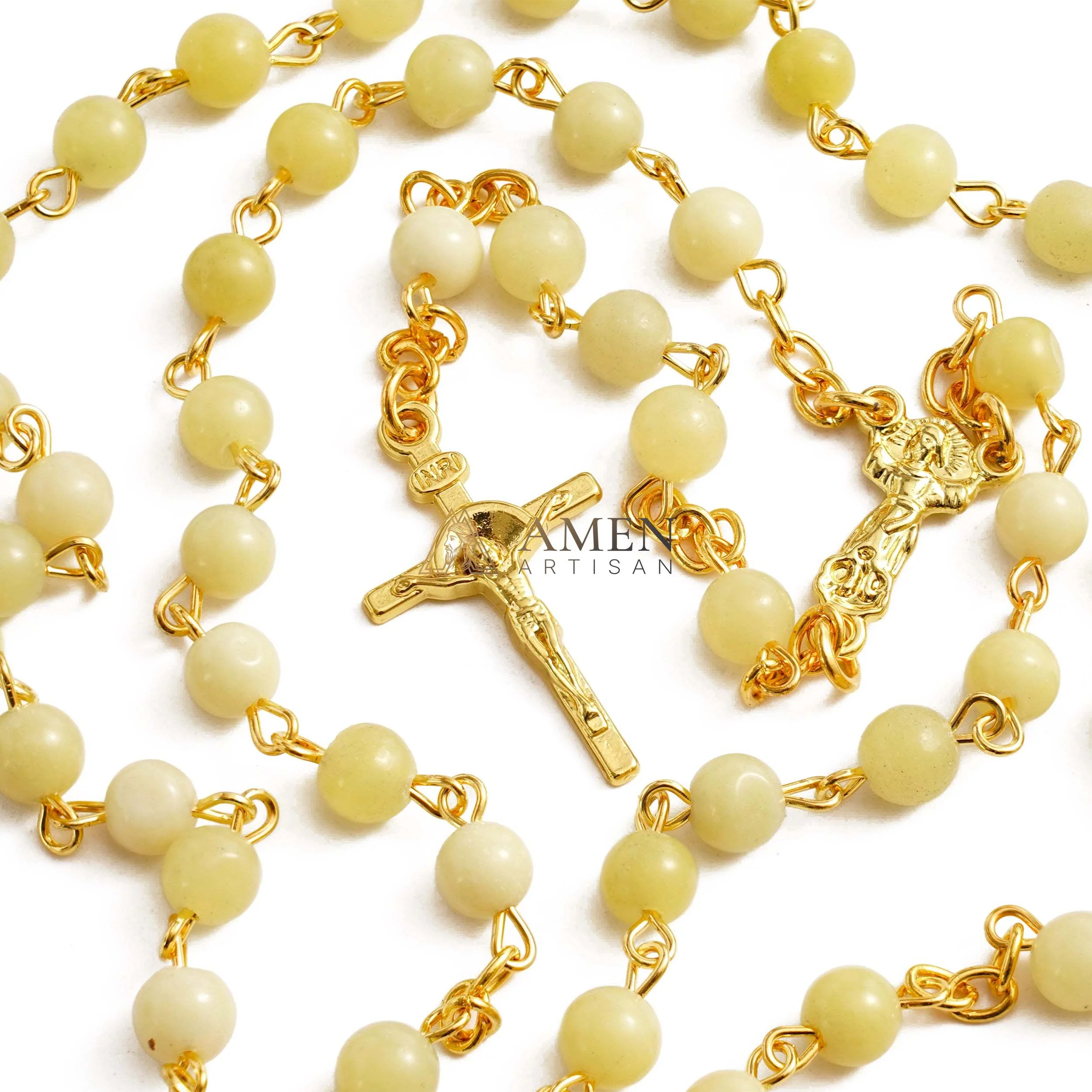 Green Yellow Jade Bead Rosary Amen Artisan - Image 3